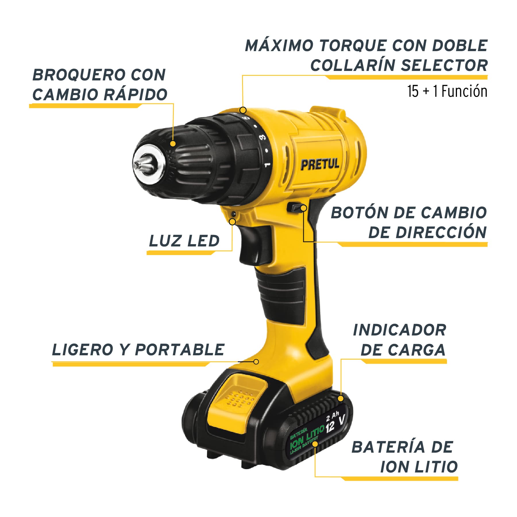 Kit taladro 3/8", 12V, 35 accesorios, en maleta, PRETUL