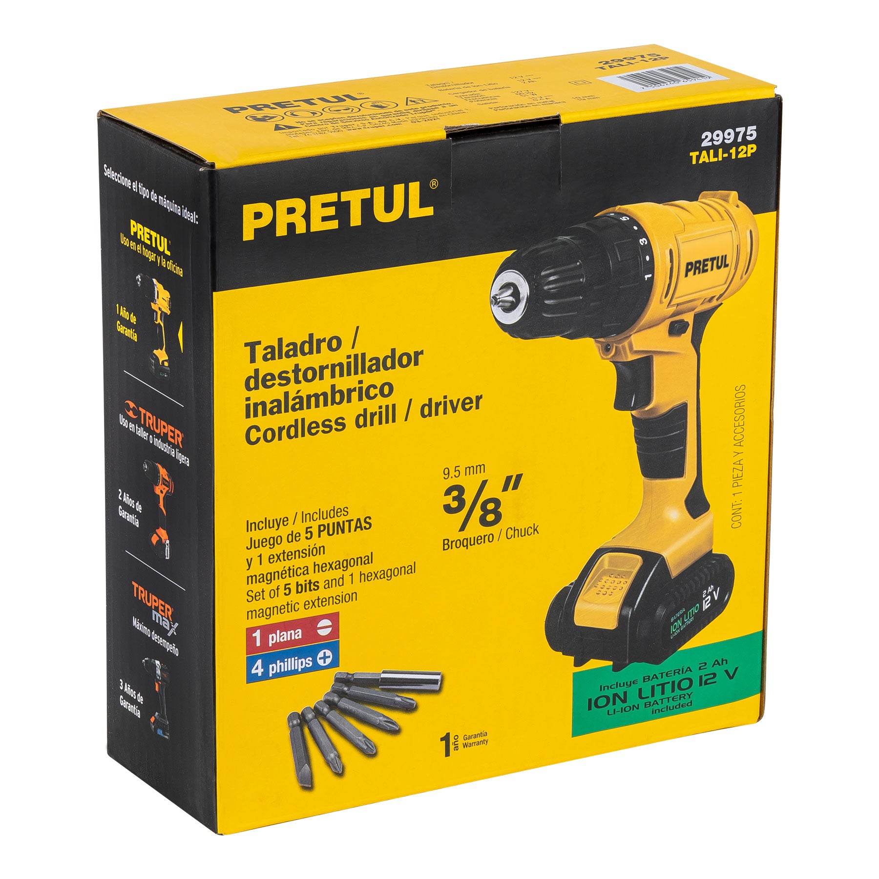 Taladro/destornillador 3/8", 12V, 1 batería 2Ah, PRETUL