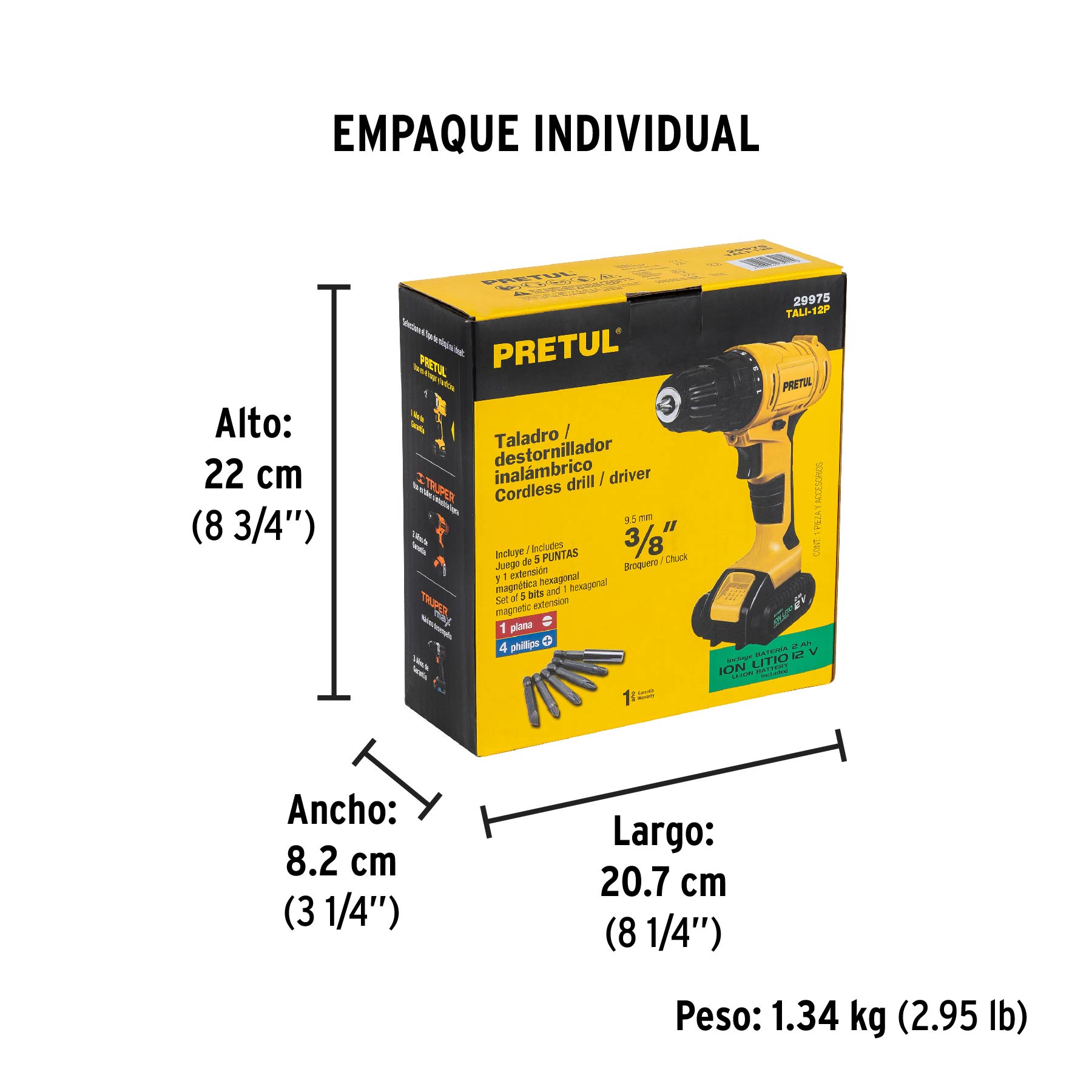 Taladro/destornillador 3/8", 12V, 1 batería 2Ah, PRETUL - Empaque