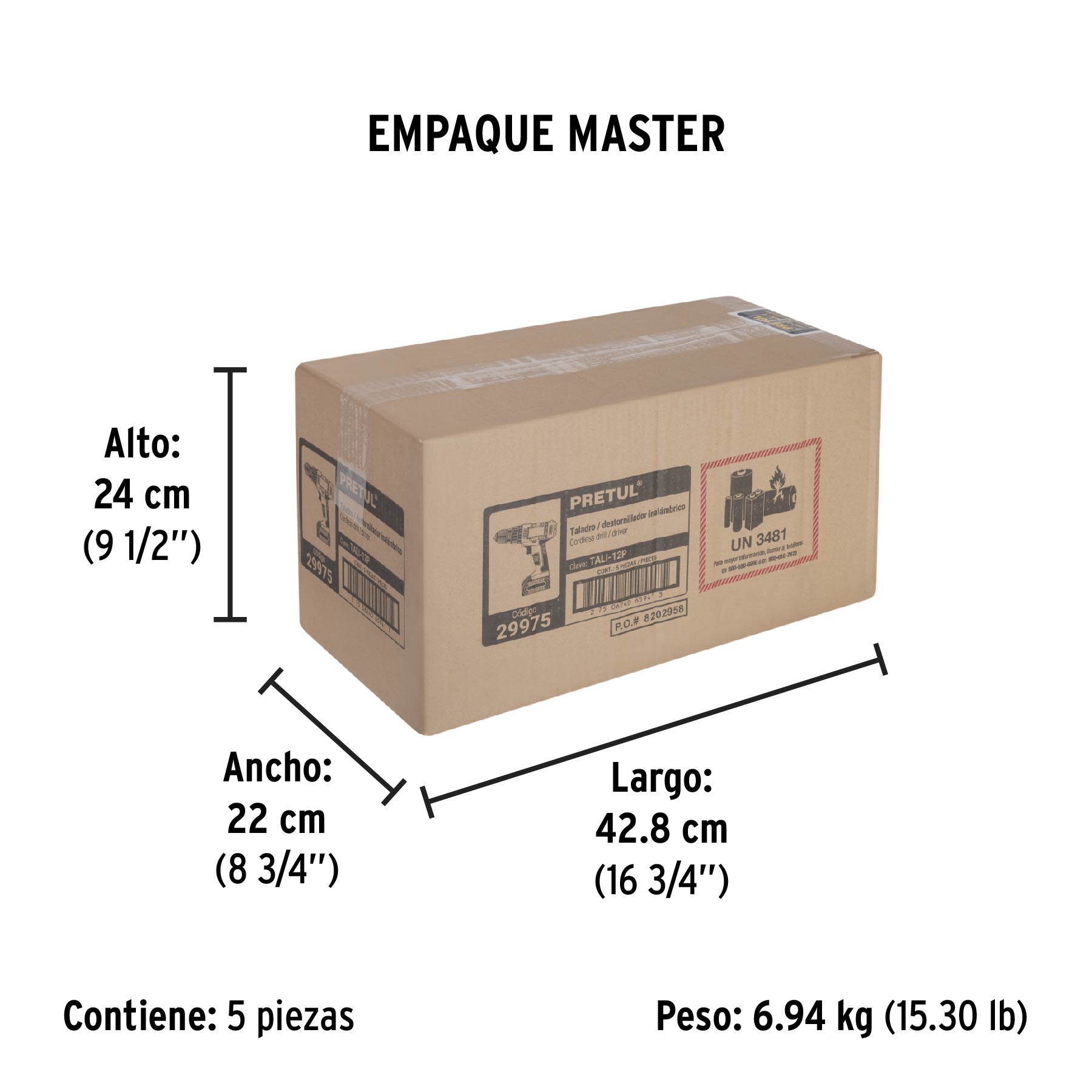 Taladro/destornillador 3/8", 12V, 1 batería 2Ah, PRETUL - Empaque
