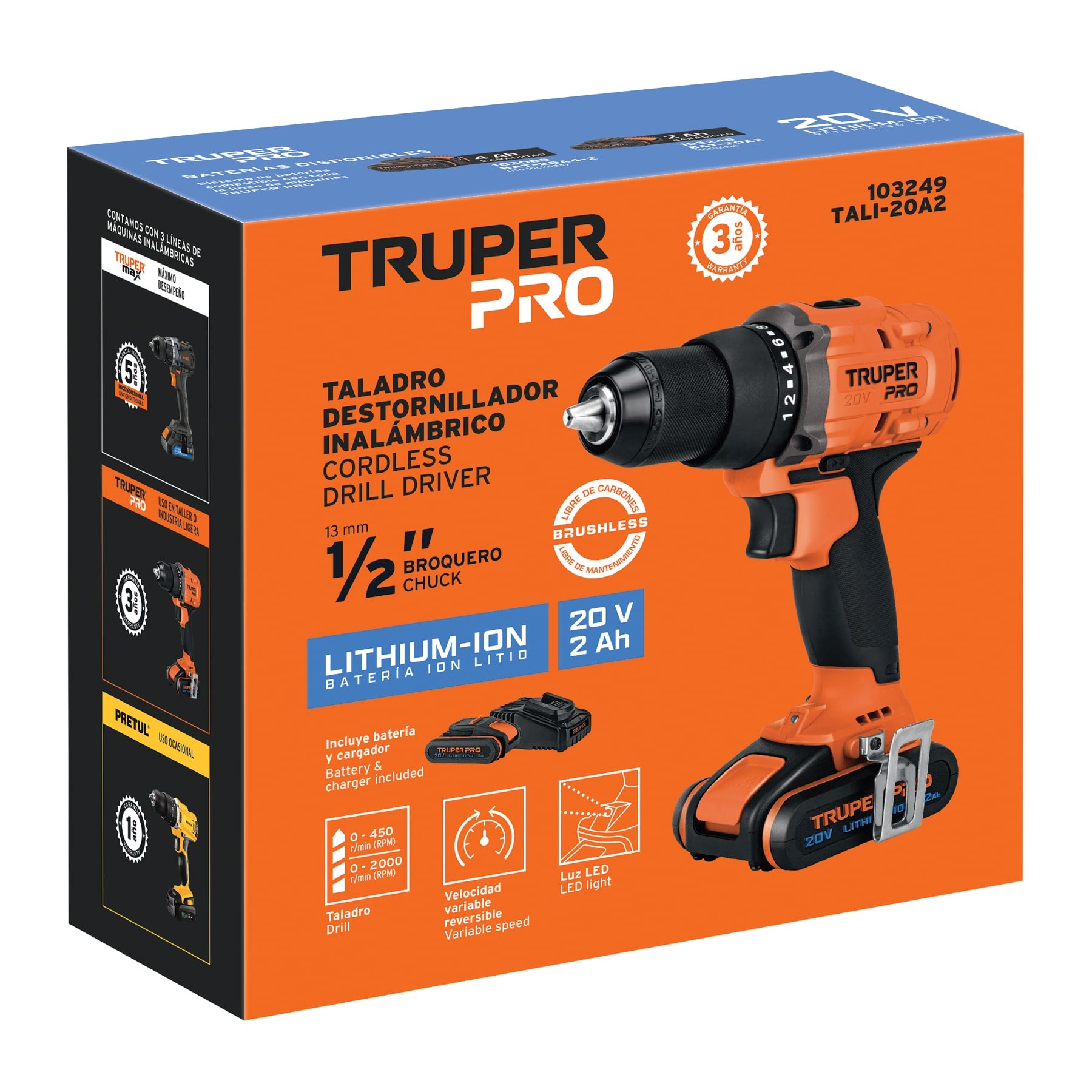 Taladro/destornillador 1/2", 20V, 1 batería 2Ah, TRUPER PRO