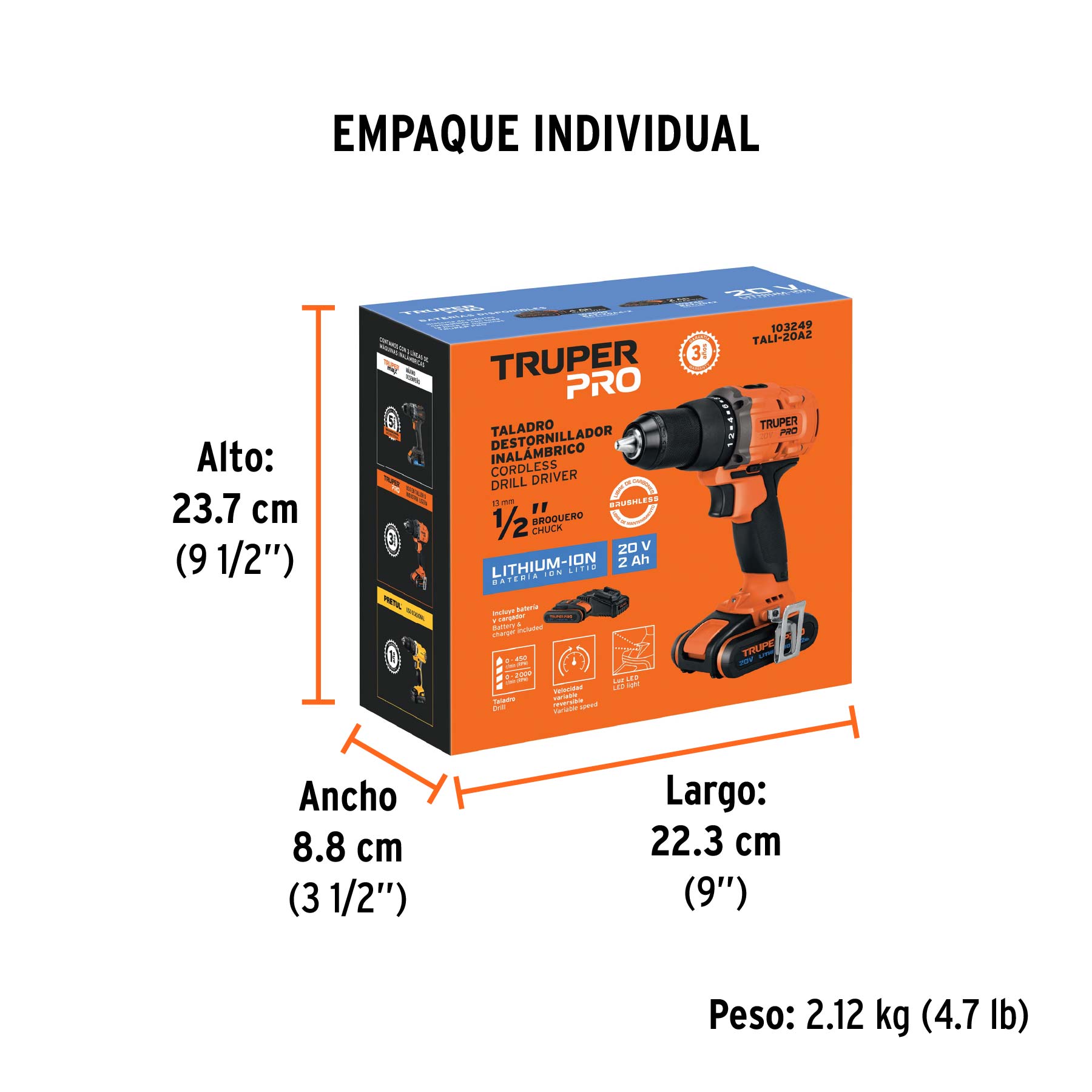 Taladro/destornillador 1/2", 20V, 1 batería 2Ah, TRUPER PRO - Empaque