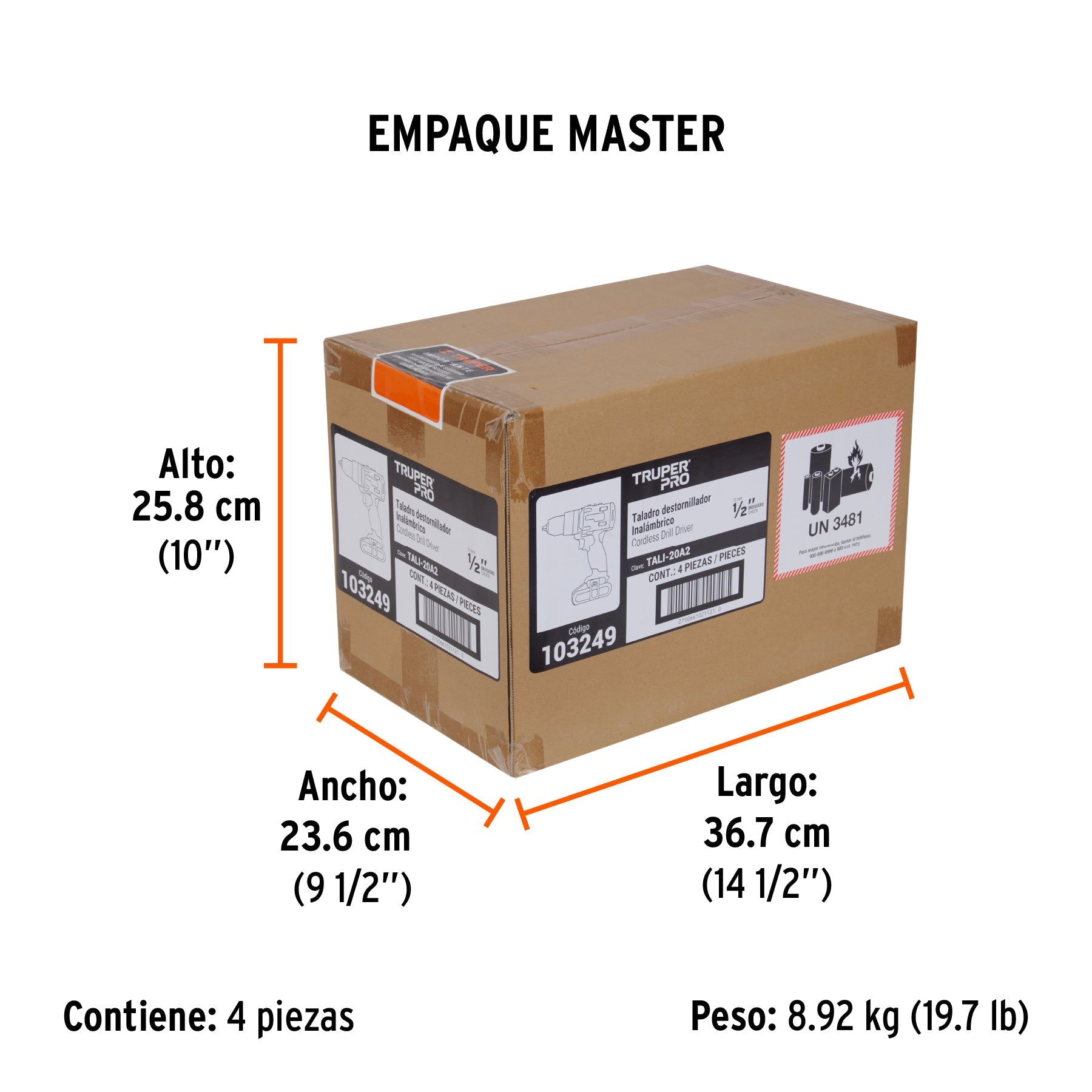 Taladro/destornillador 1/2", 20V, 1 batería 2Ah, TRUPER PRO - Empaque