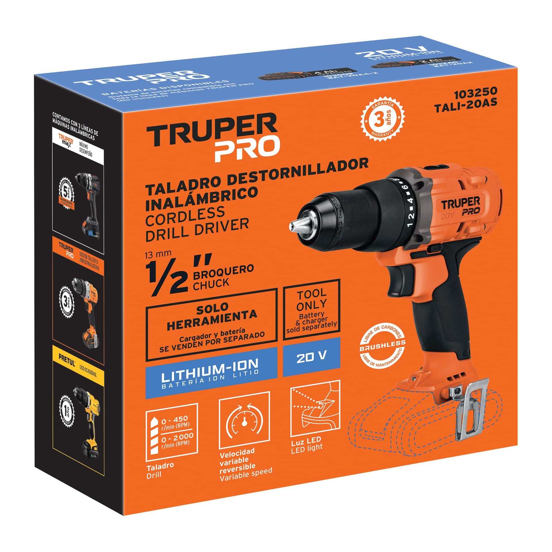 Taladro/destornillador 1/2", 20V, sin accesorios, TRUPER PRO