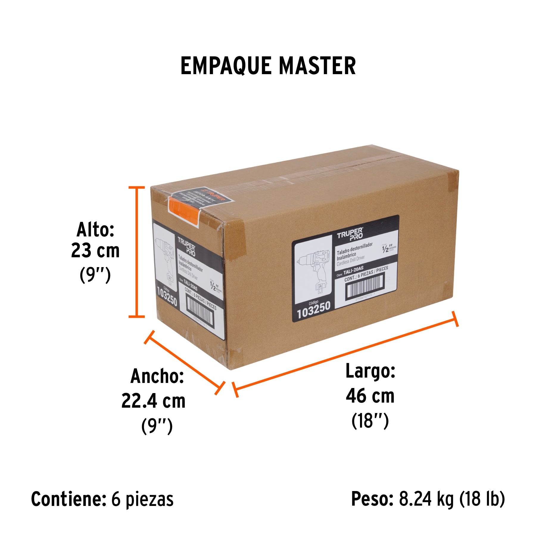 Taladro/destornillador 1/2", 20V, sin accesorios, TRUPER PRO - Empaque