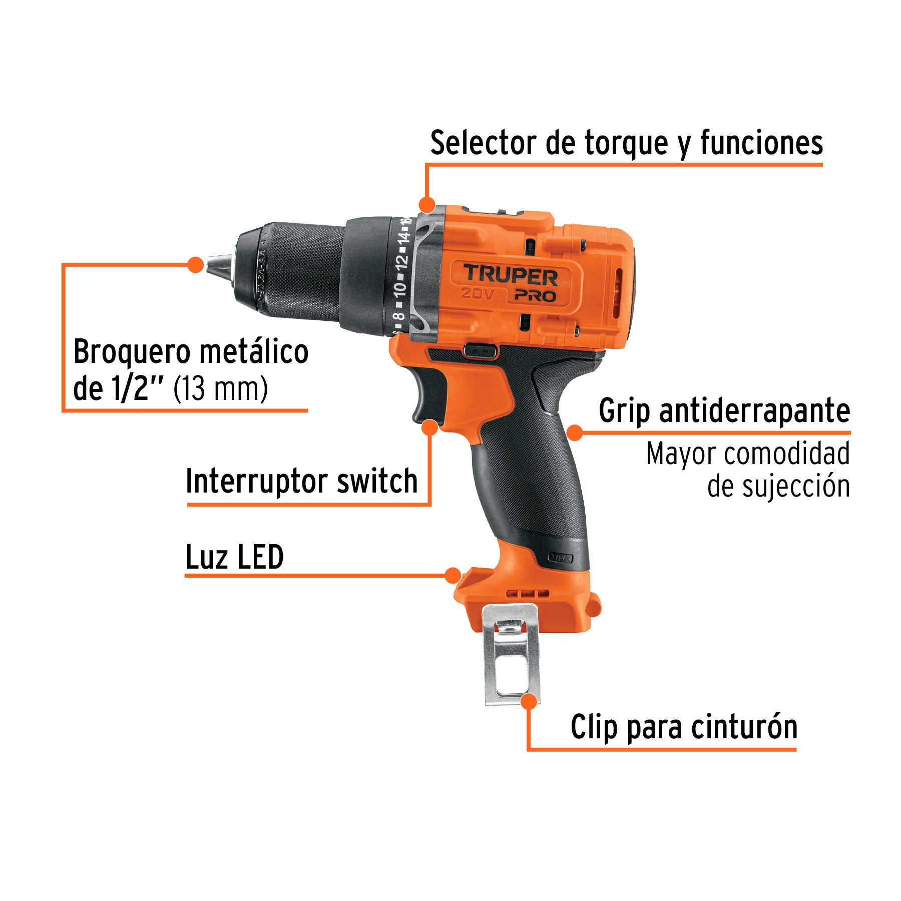 Taladro/destornillador 1/2", 20V, sin accesorios, TRUPER PRO