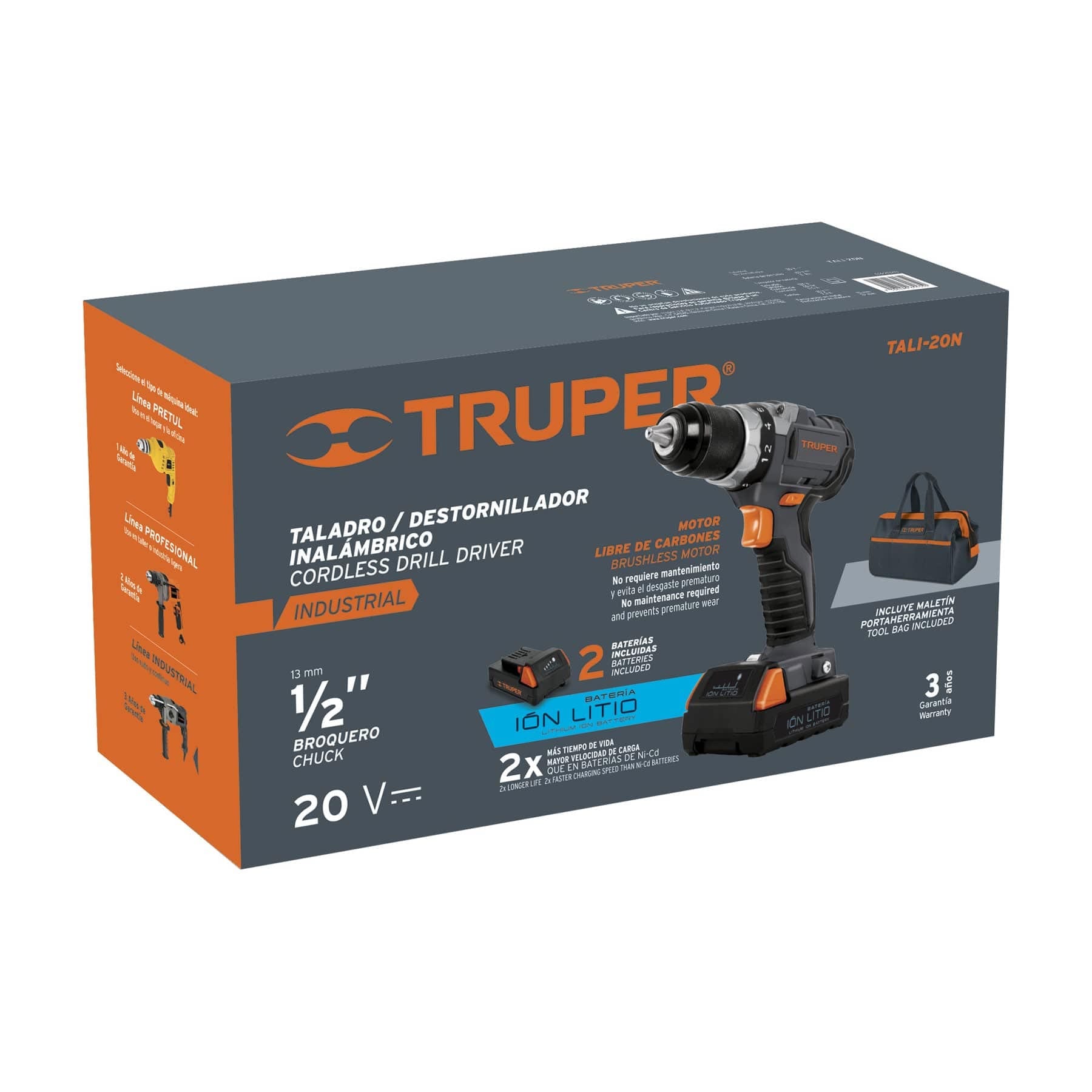 Taladro Industrial, 1/2", 20V, batería ion litio, TRUPER
