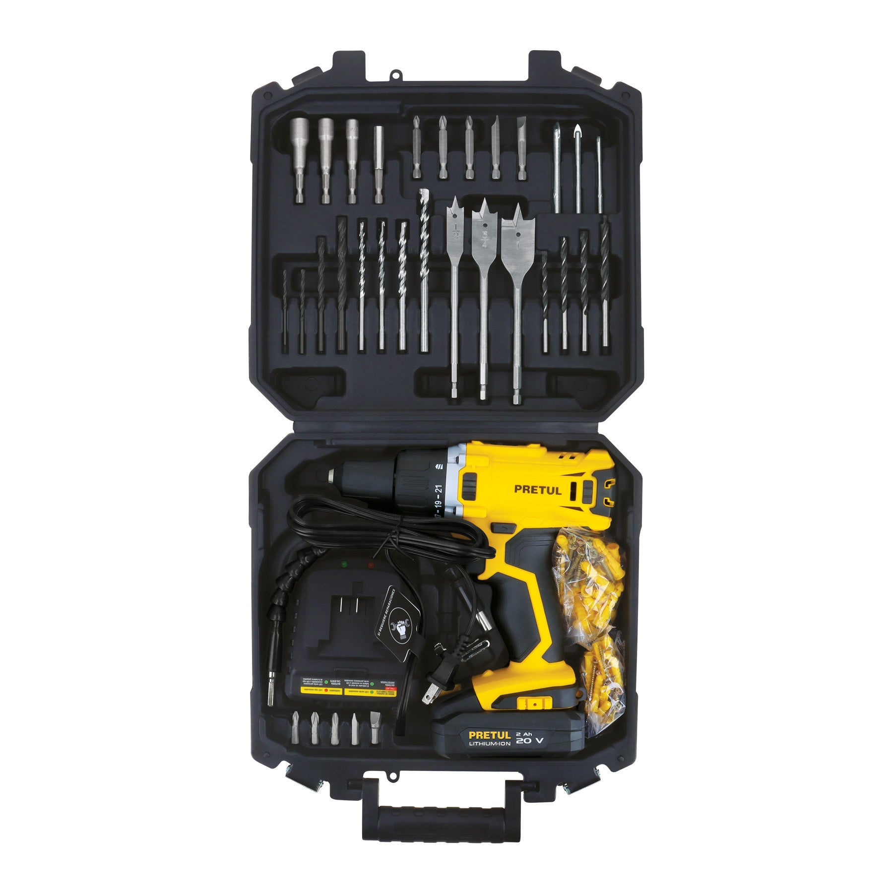 Kit taladro/destornillador 1/2", 20V, 32 accesorios, PRETUL