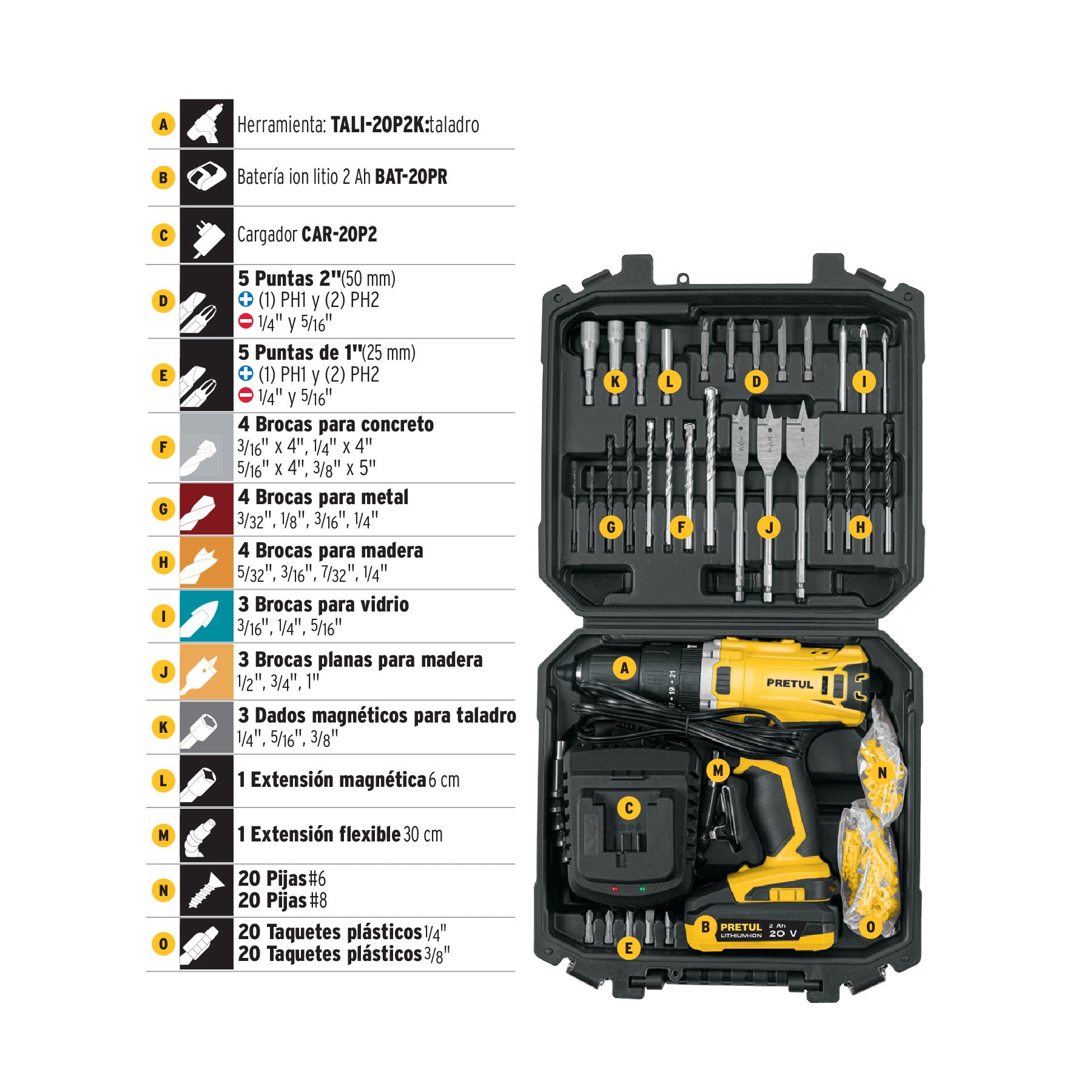 Kit taladro/destornillador 1/2", 20V, 32 accesorios, PRETUL