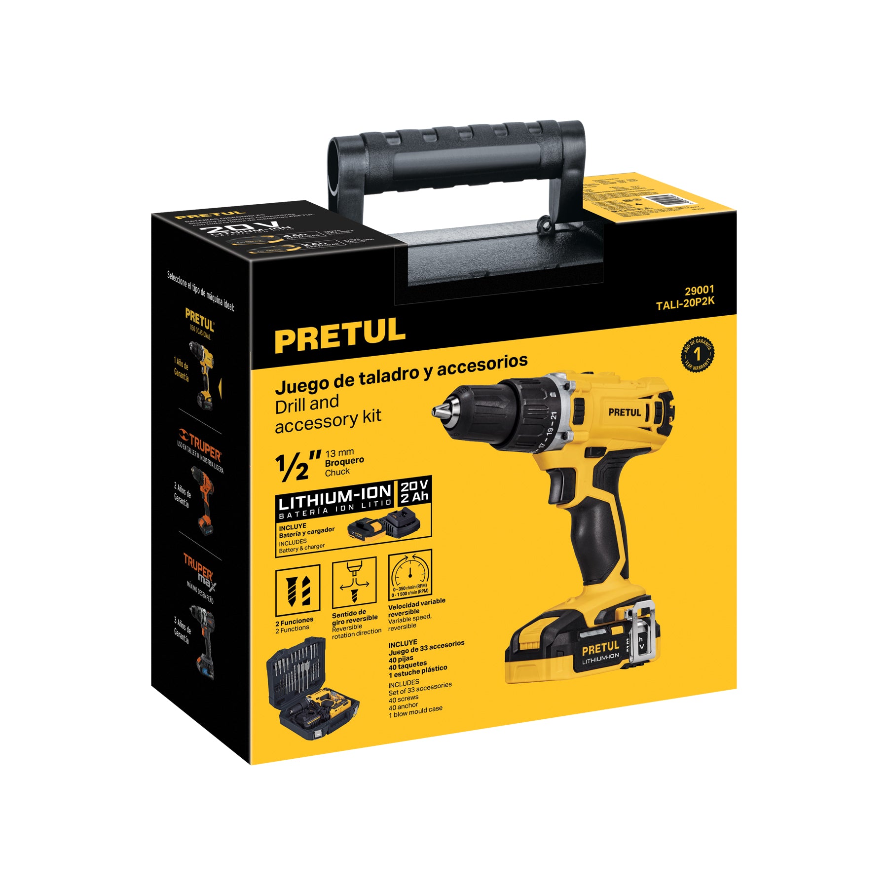 Kit taladro/destornillador 1/2", 20V, 32 accesorios, PRETUL