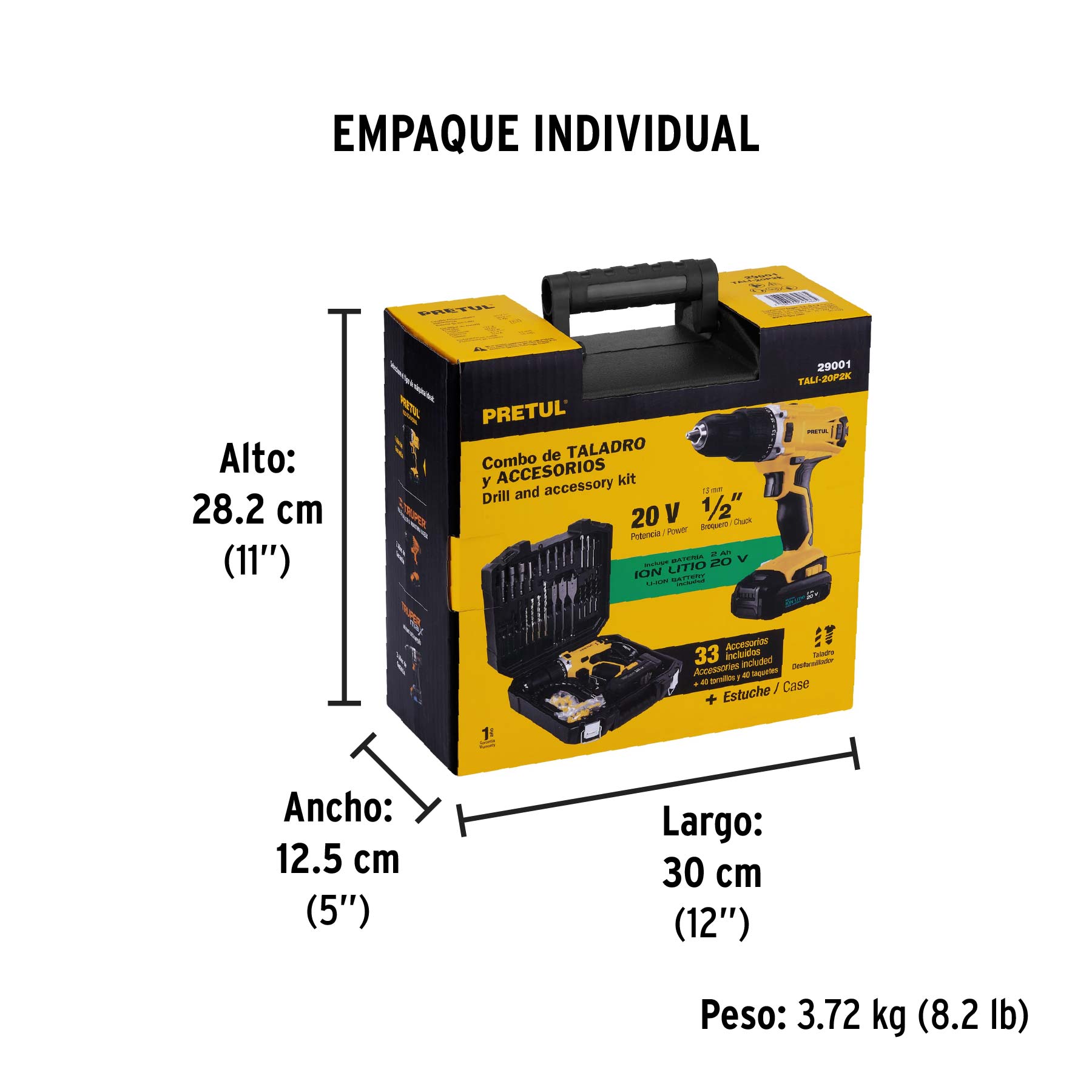 Kit taladro/destornillador 1/2", 20V, 32 accesorios, PRETUL - Empaque