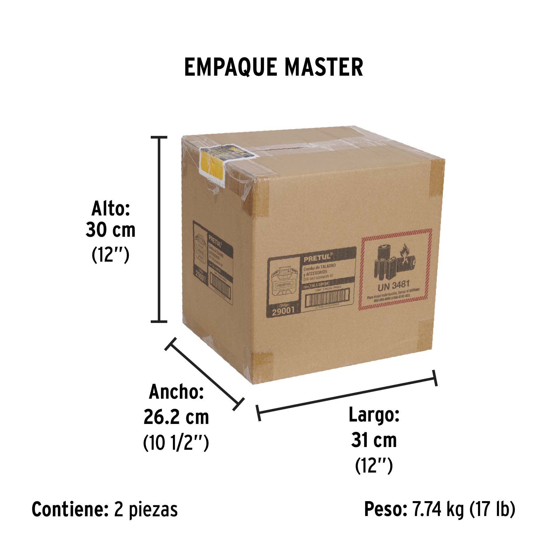 Kit taladro/destornillador 1/2", 20V, 32 accesorios, PRETUL - Empaque
