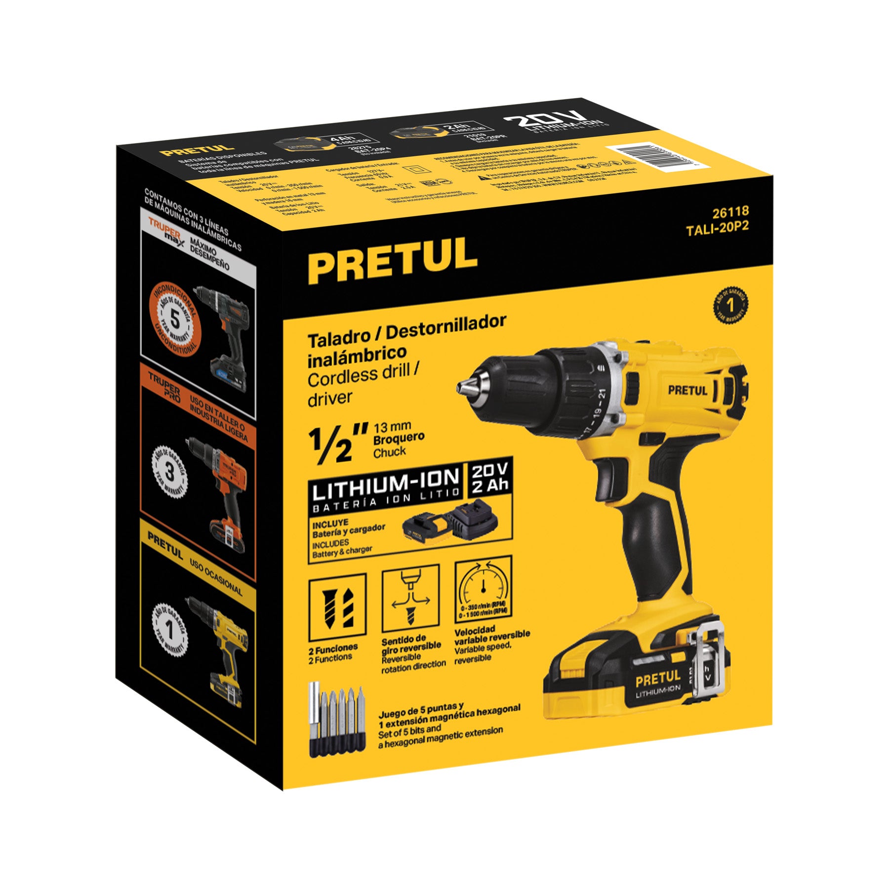 Taladro/destornillador 1/2", 20V, 1 batería 2Ah, PRETUL