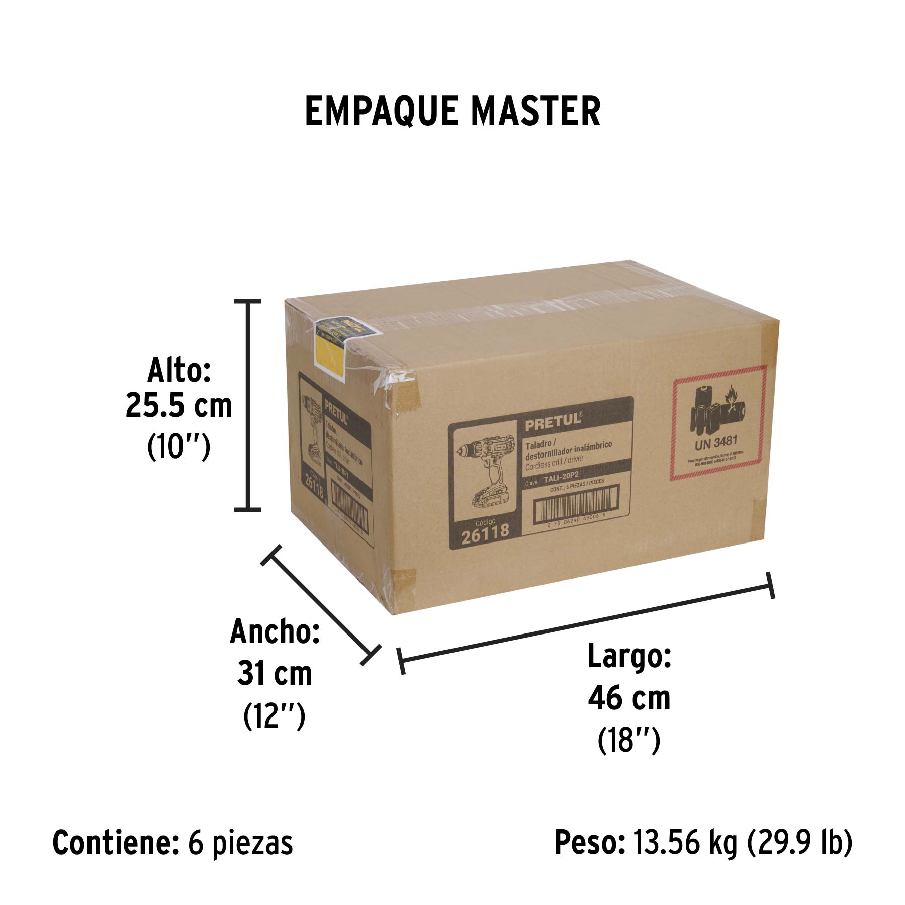 Taladro/destornillador 1/2", 20V, 1 batería 2Ah, PRETUL - Empaque