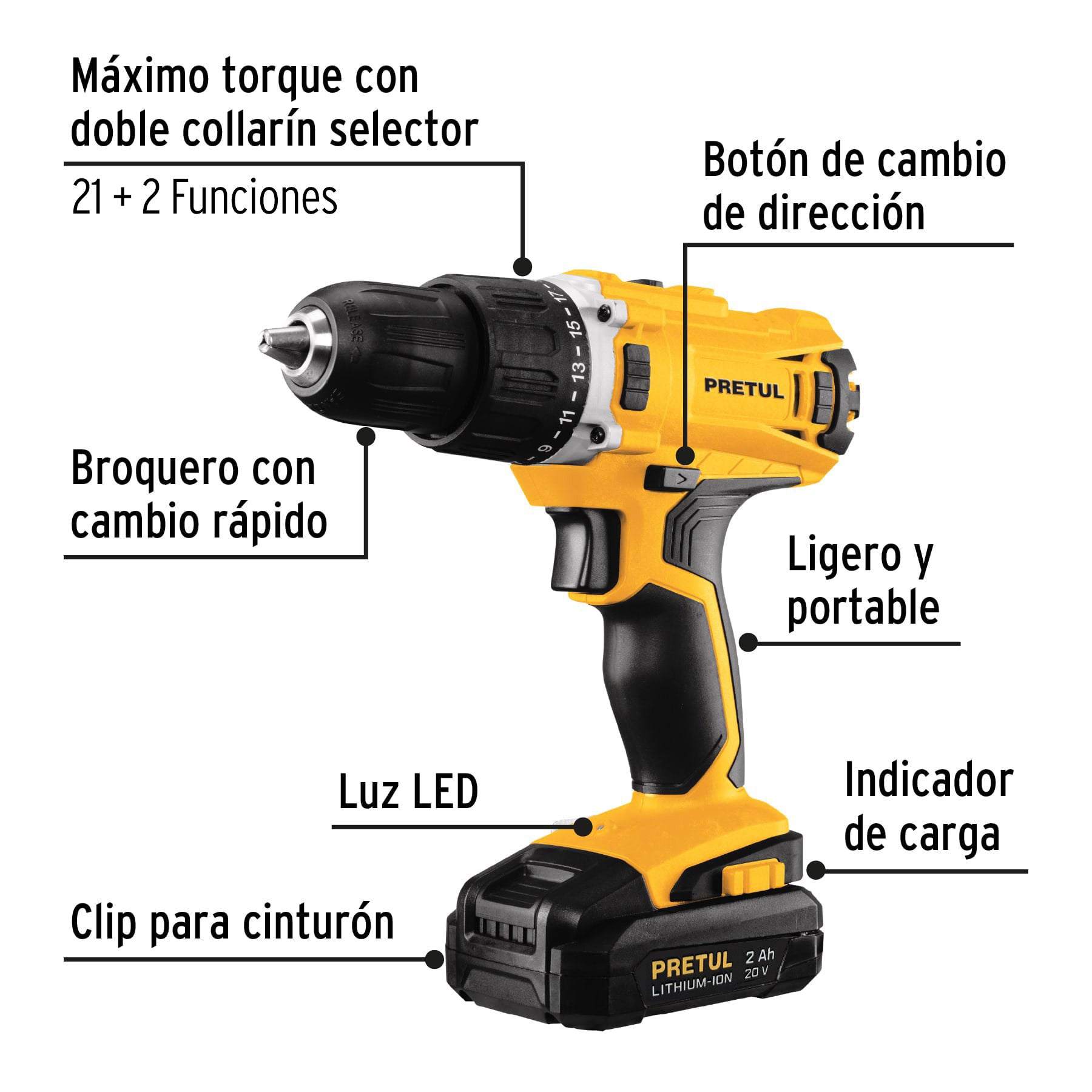 Taladro/destornillador 1/2", 20V, 1 batería 2Ah, PRETUL