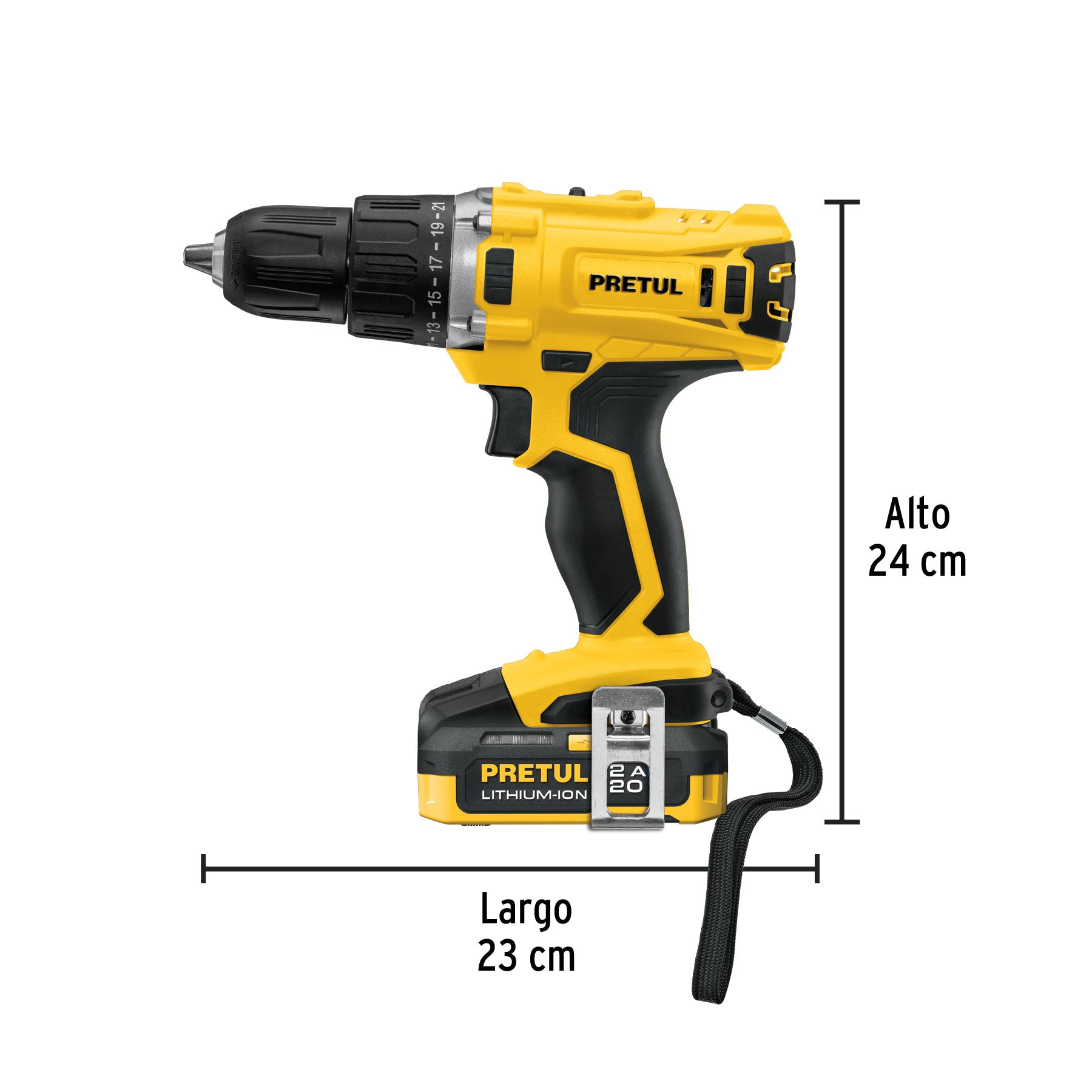 Taladro/destornillador 1/2", 20V, 1 batería 2Ah, PRETUL