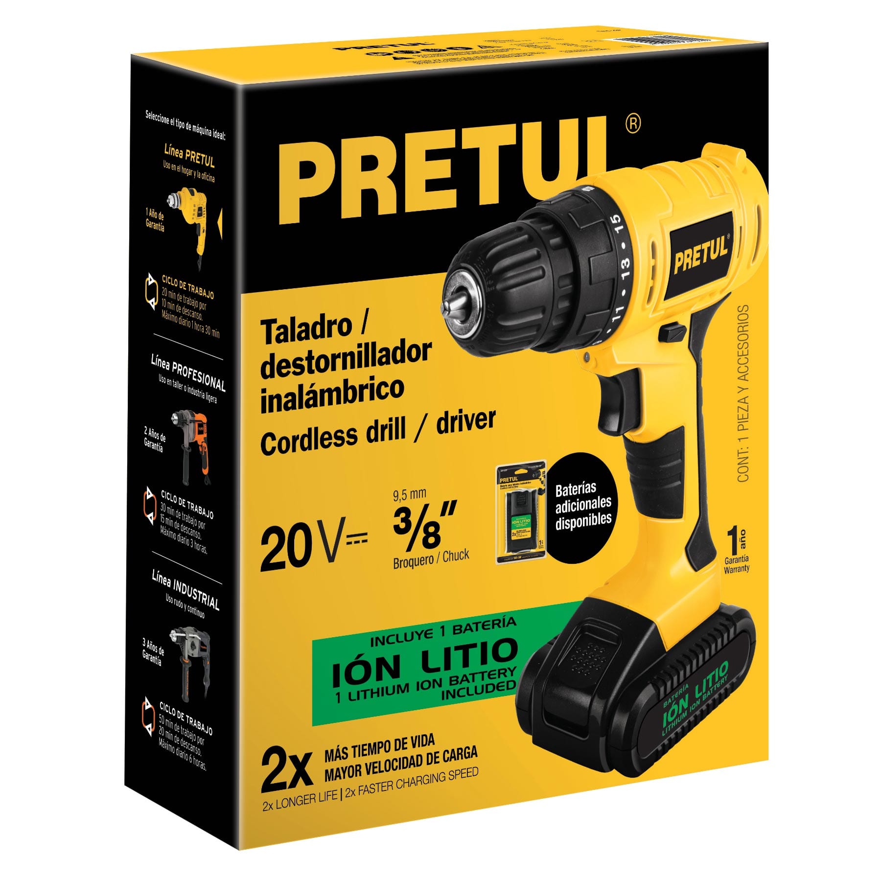 Taladro 3/8", 20V, 1 batería 1.3Ah, PRETUL