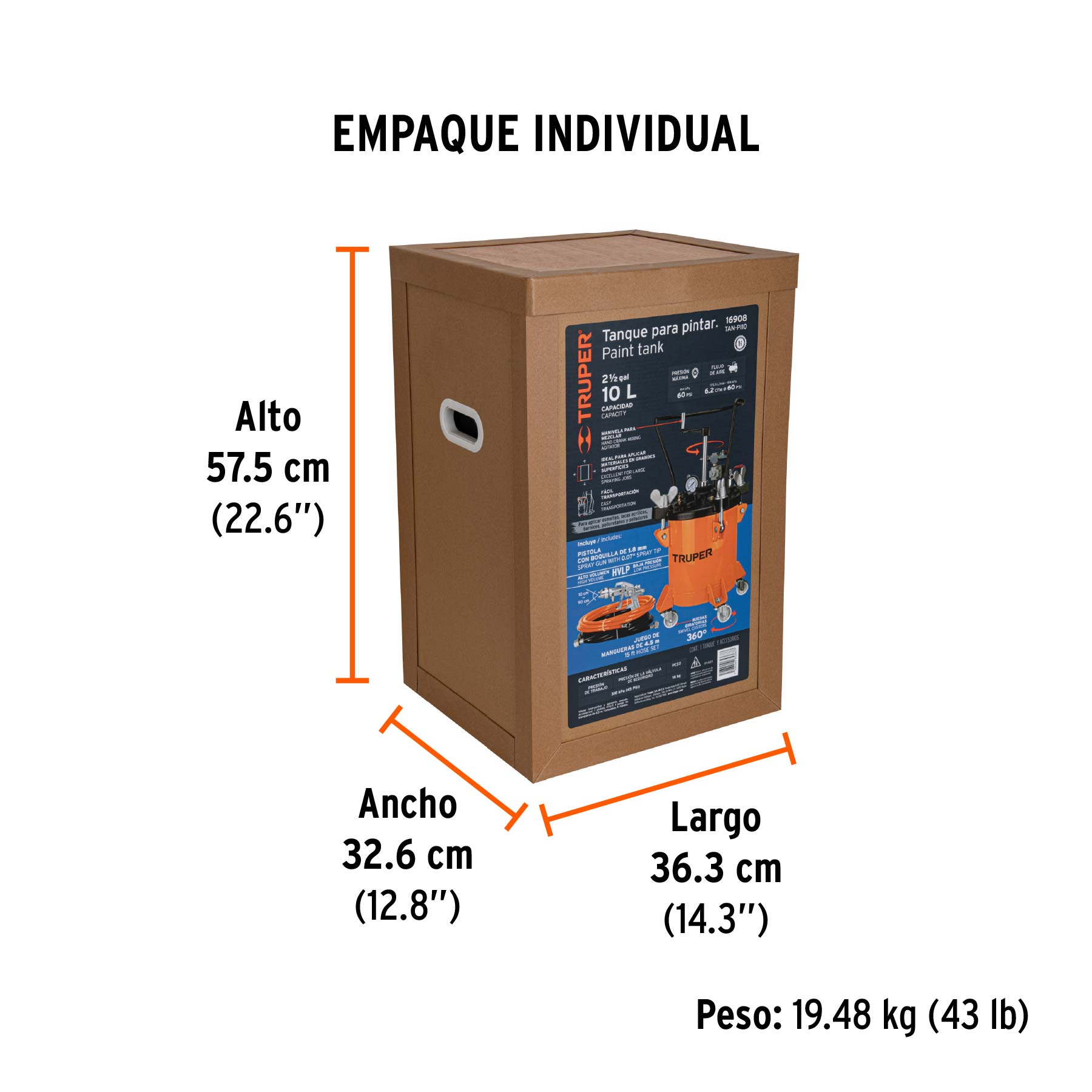 Tanque para pintura con manguera y pistola, 10 L, TRUPER - Empaque