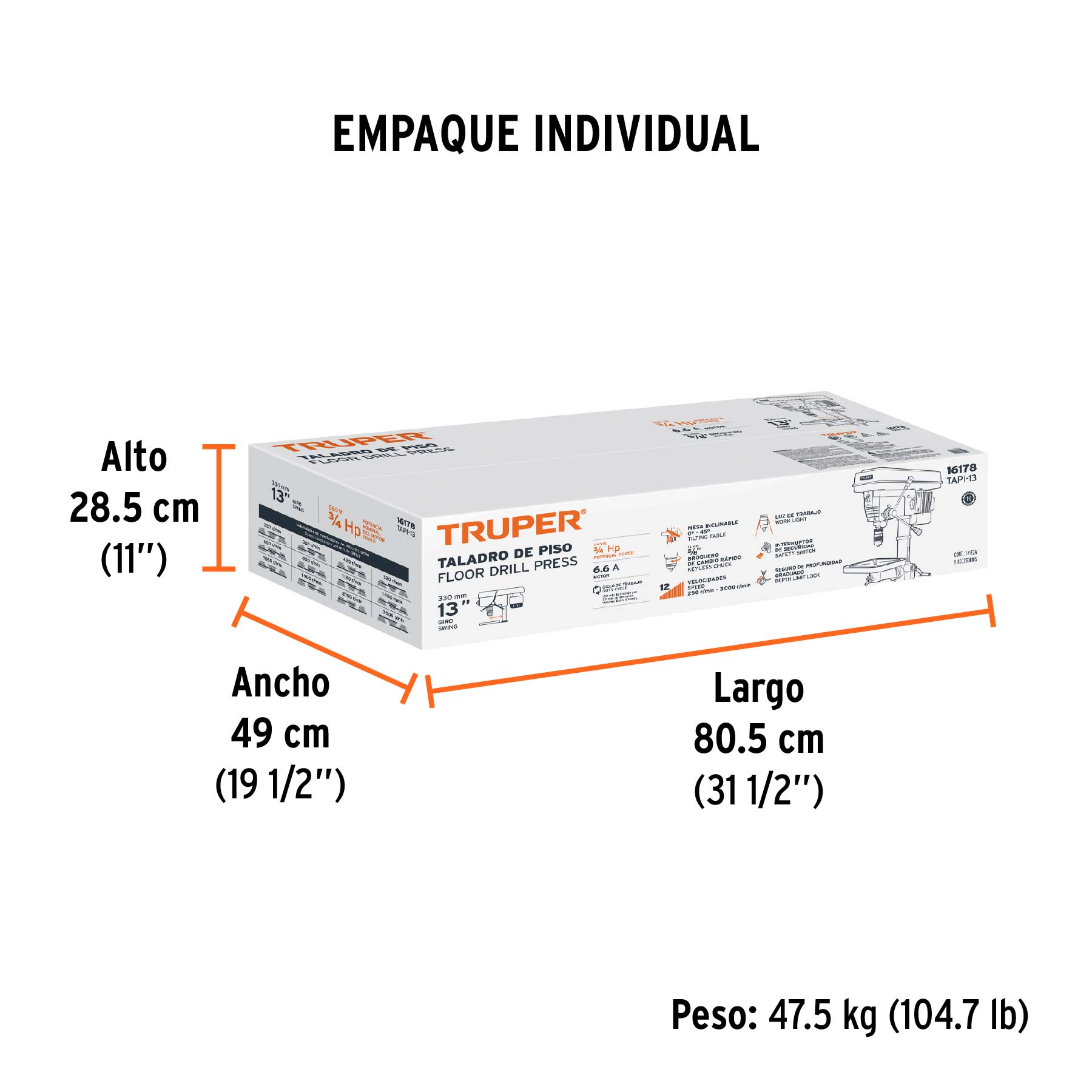 Taladro de piso 13", 3/4 HP (560 W), broquero 5/8", TRUPER - Empaque