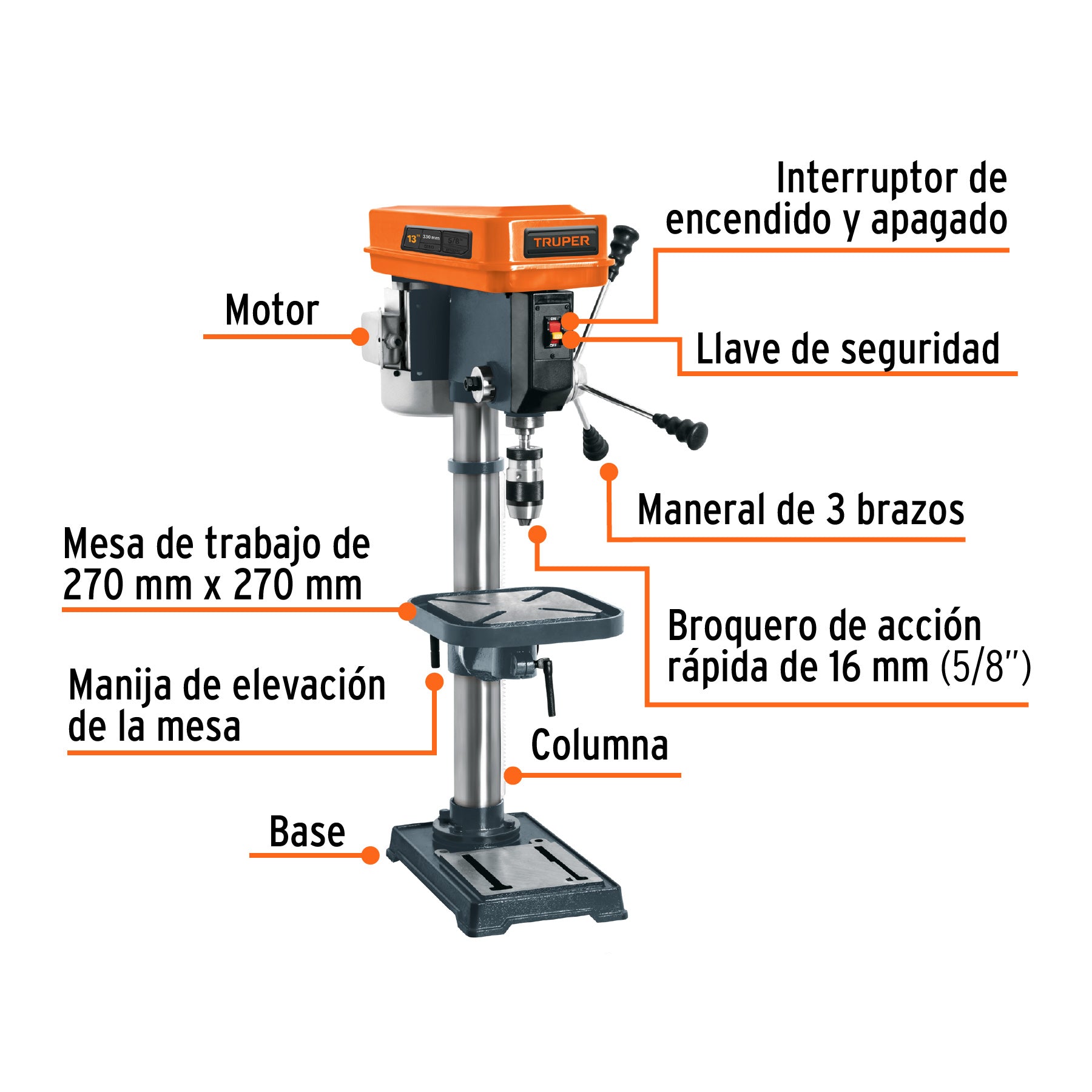 Taladro de piso 13", 3/4 HP (560 W), broquero 5/8", TRUPER