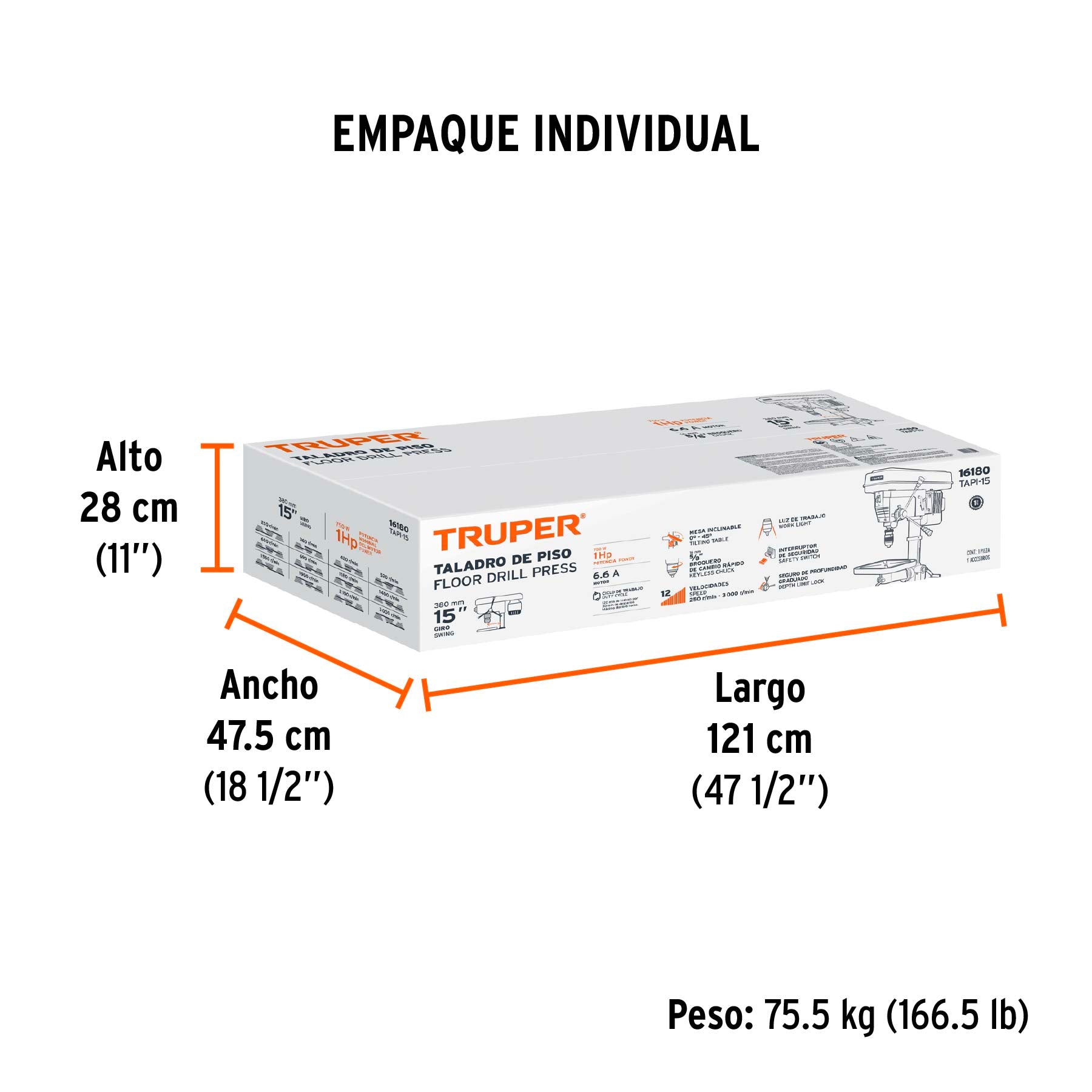 Taladro de piso 15", 1 HP (750 W), broquero 5/8", TRUPER - Empaque