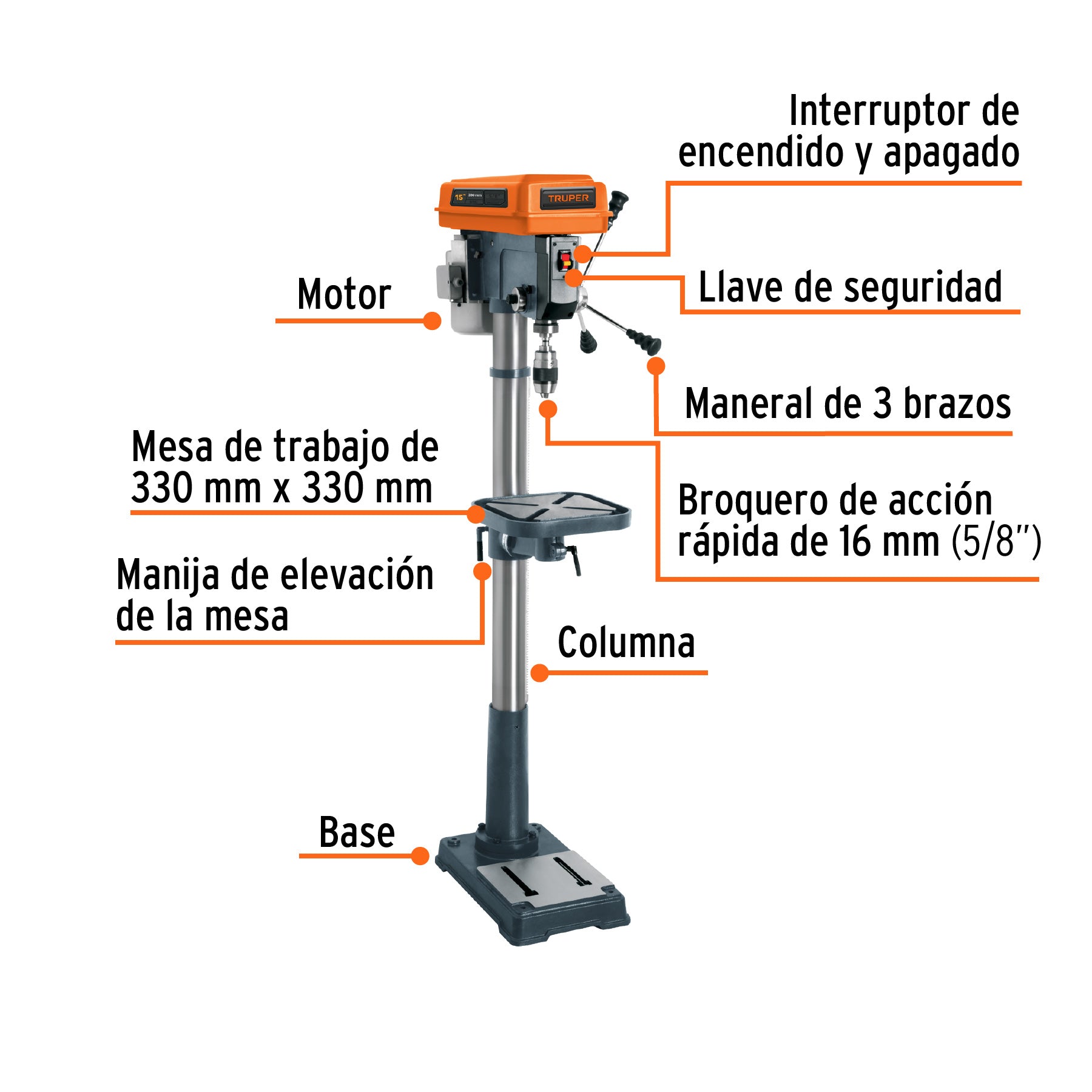 Taladro de piso 15", 1 HP (750 W), broquero 5/8", TRUPER