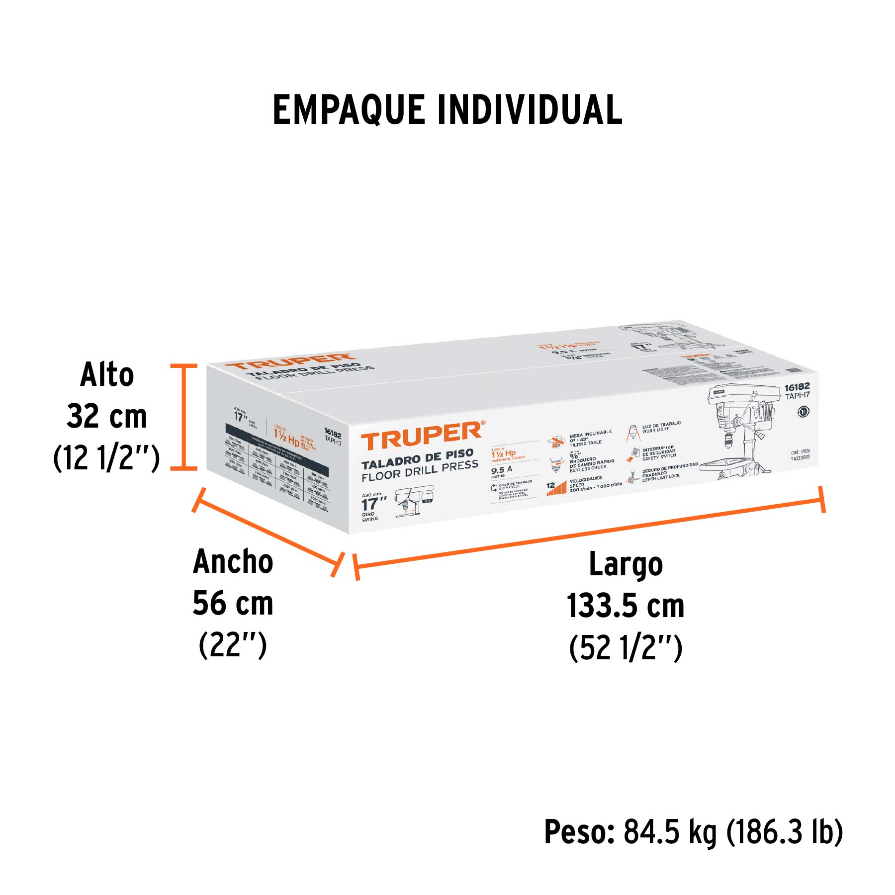 Taladro de piso 17", 1-1/2 HP (1200 W), broquero 5/8",TRUPER - Empaque