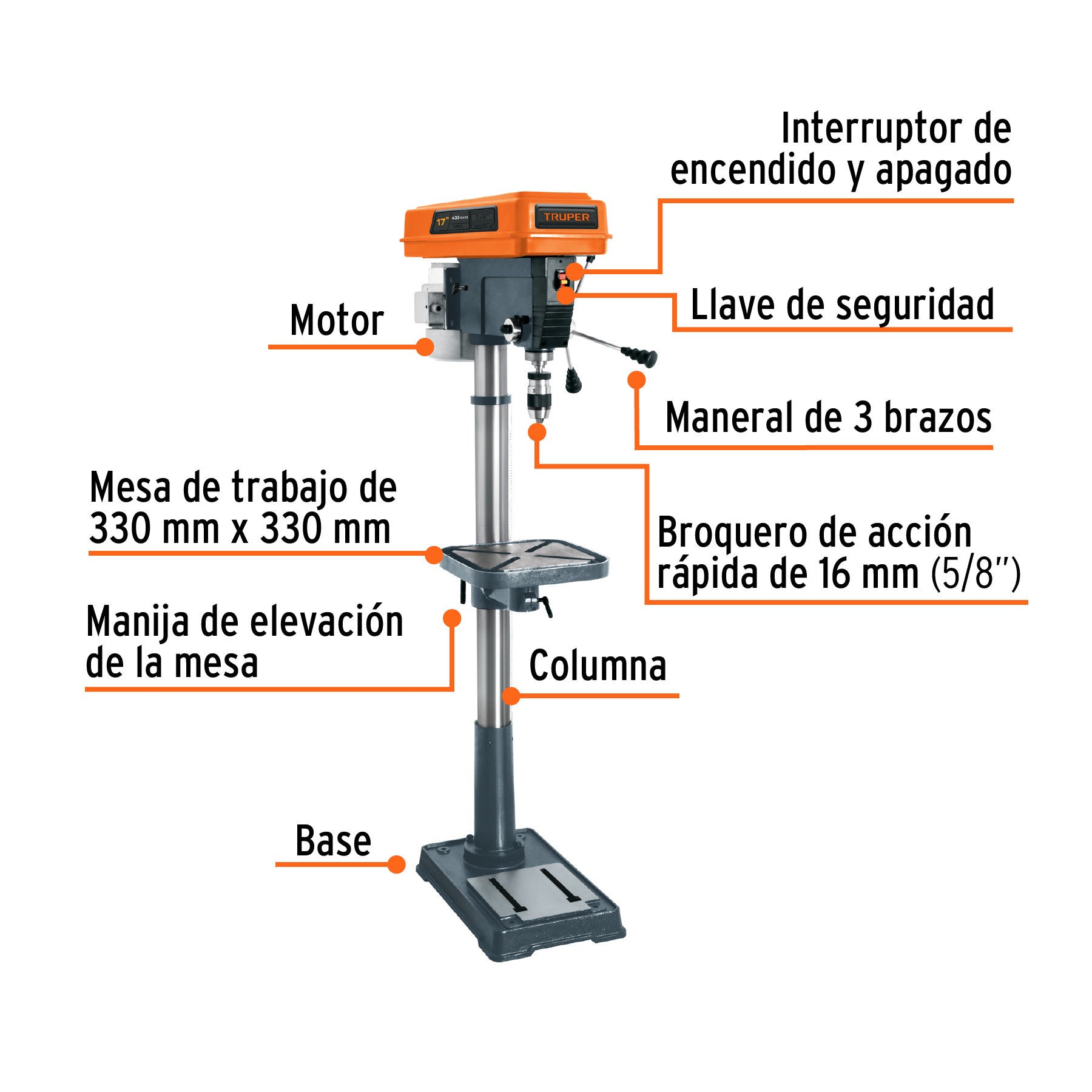 Taladro de piso 17", 1-1/2 HP (1200 W), broquero 5/8",TRUPER