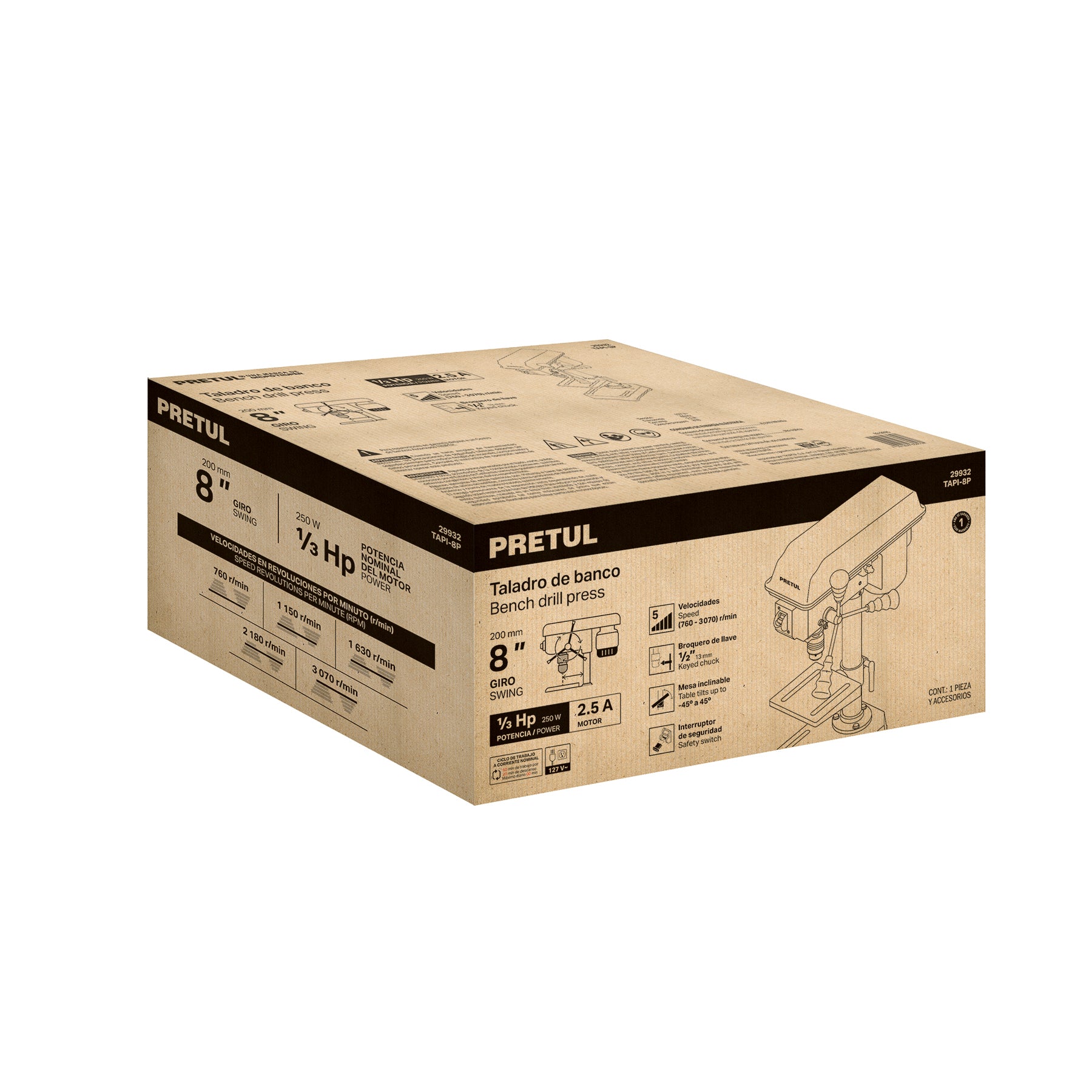 Taladro de banco 8", 1/3 HP (250 W), broquero 1/2", PRETUL