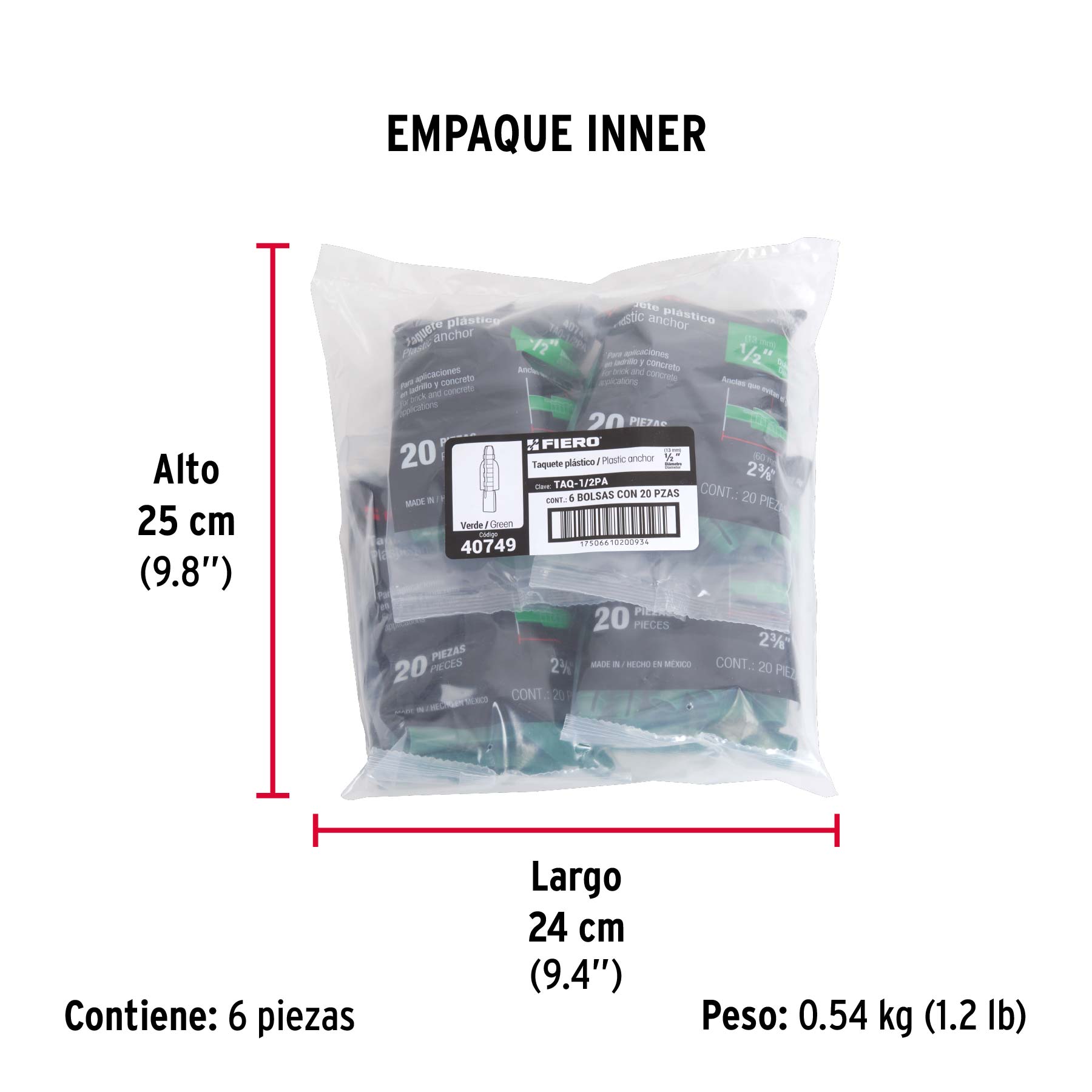 Bolsa con 20 taquetes de plástico 1/2", FIERO - Empaque