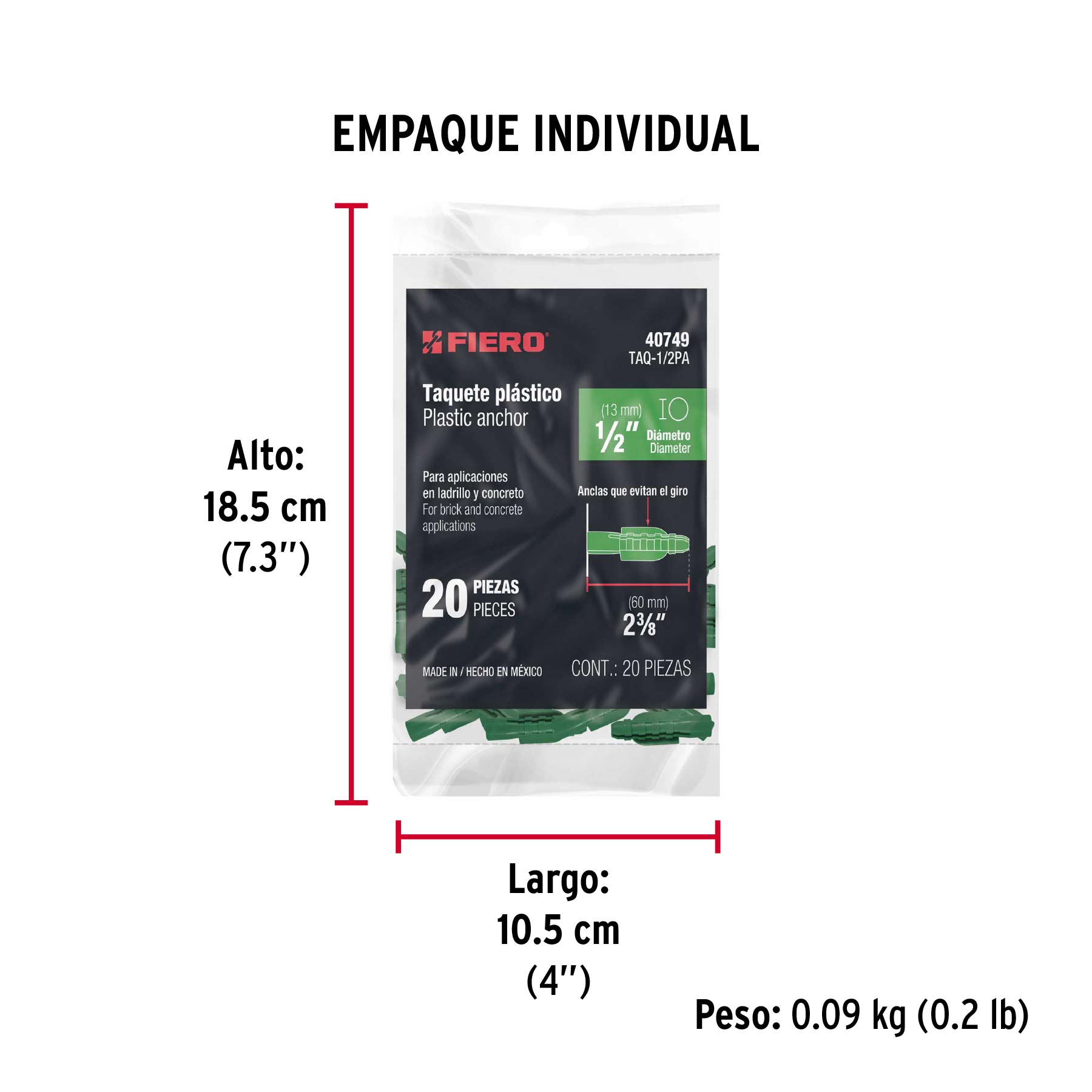 Bolsa con 20 taquetes de plástico 1/2", FIERO - Empaque