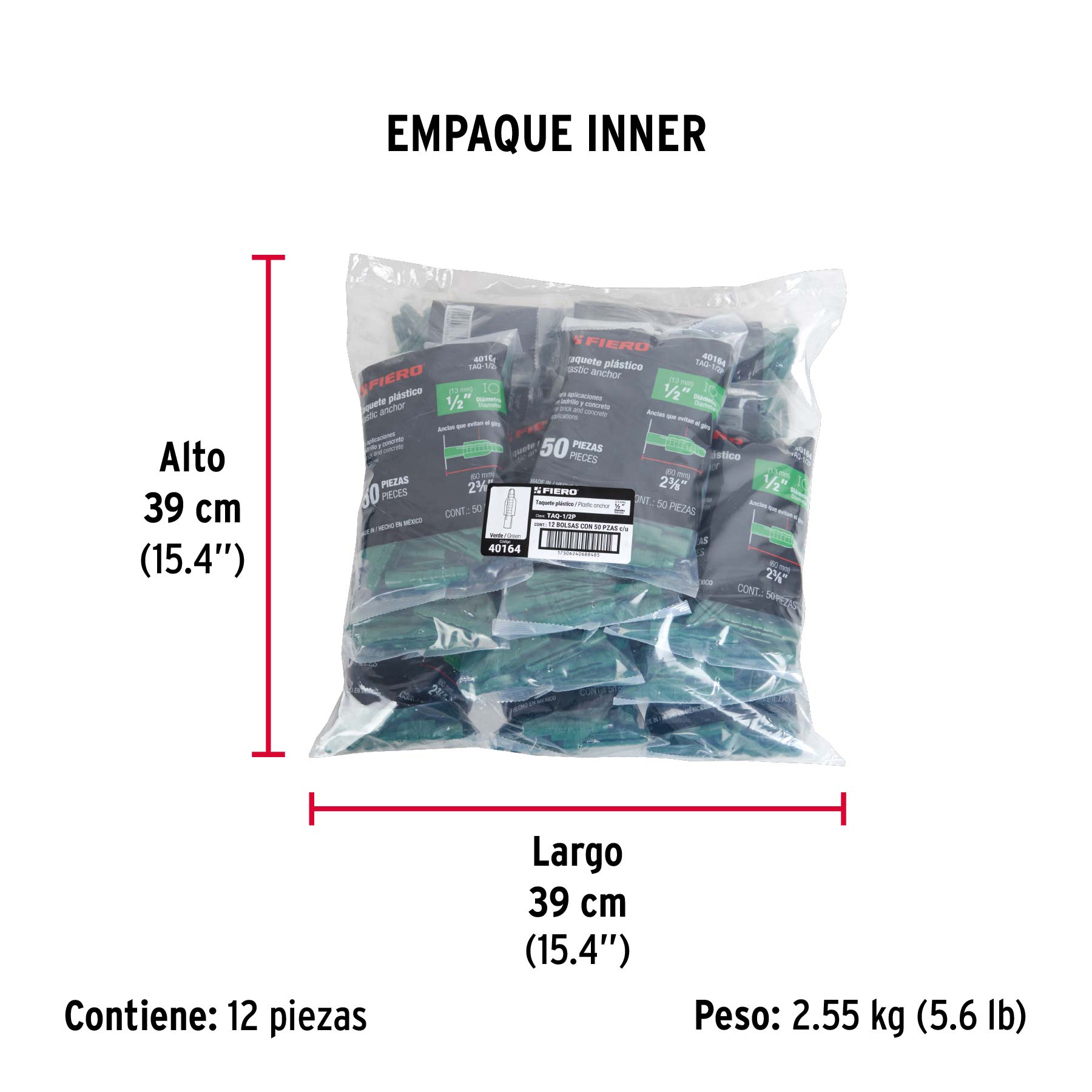 Bolsa con 50 taquetes de plástico 1/2", FIERO - Empaque