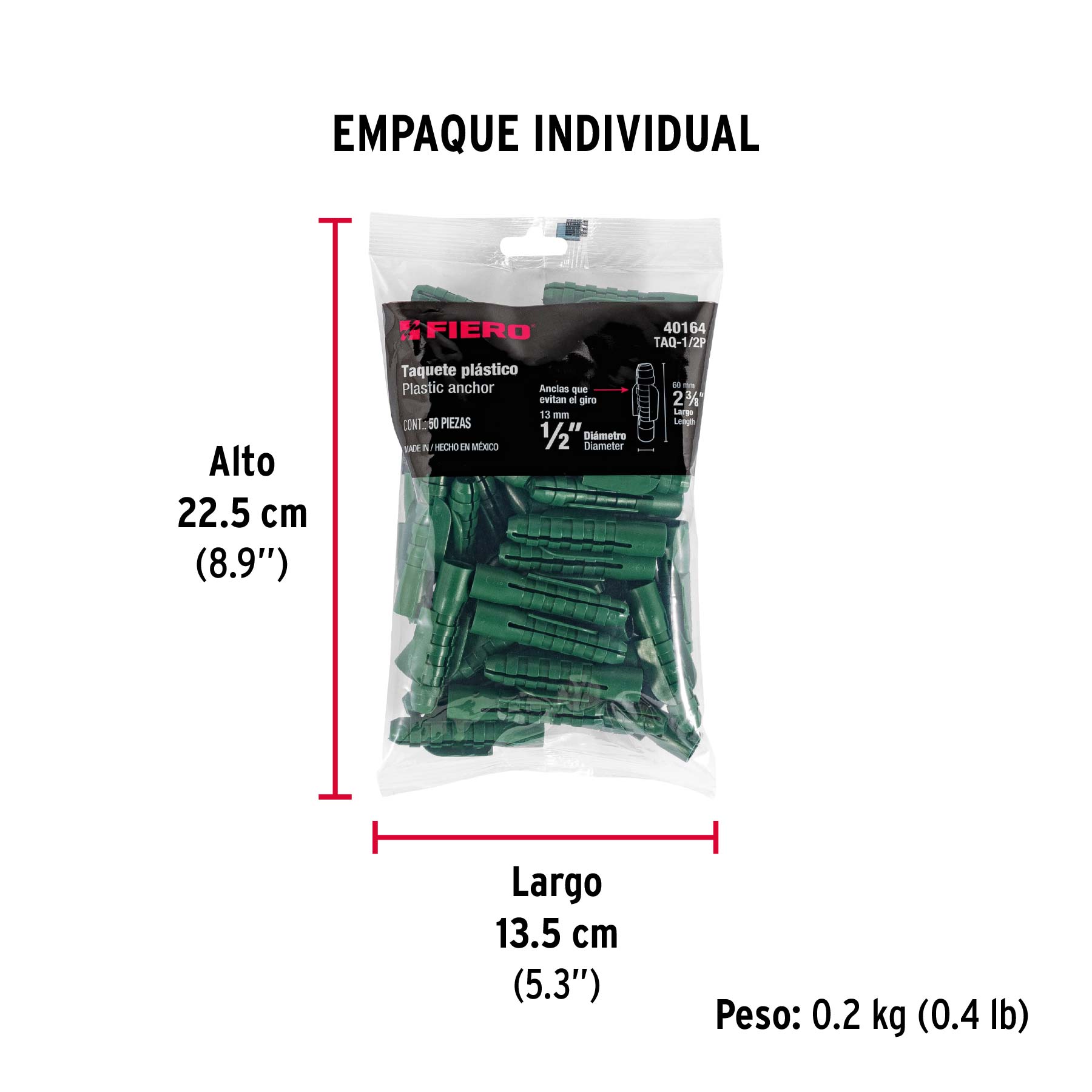 Bolsa con 50 taquetes de plástico 1/2", FIERO - Empaque