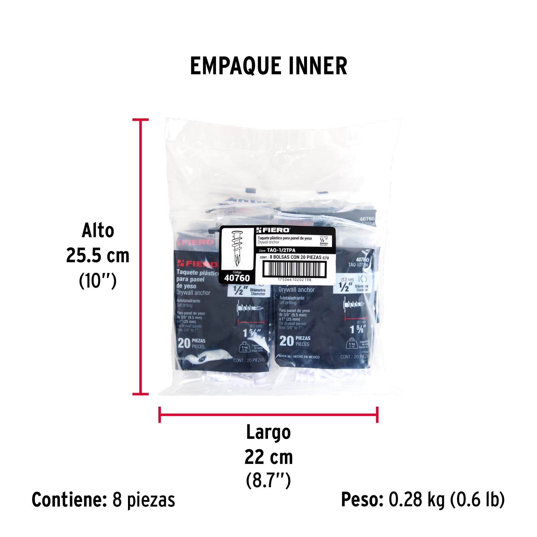Bolsa con 20 taquetes plásticos 1/2", para panel de yeso - Empaque