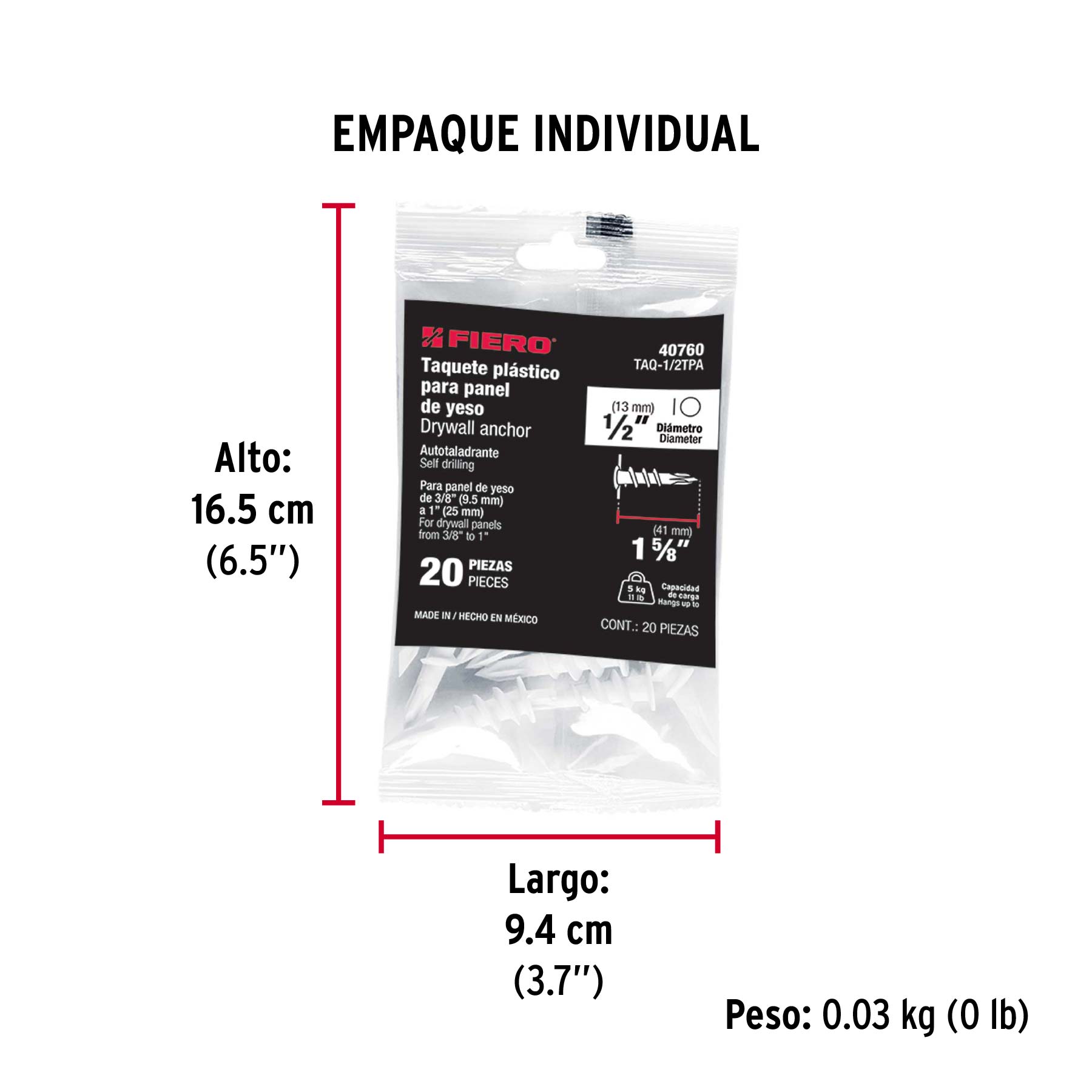 Bolsa con 20 taquetes plásticos 1/2", para panel de yeso - Empaque