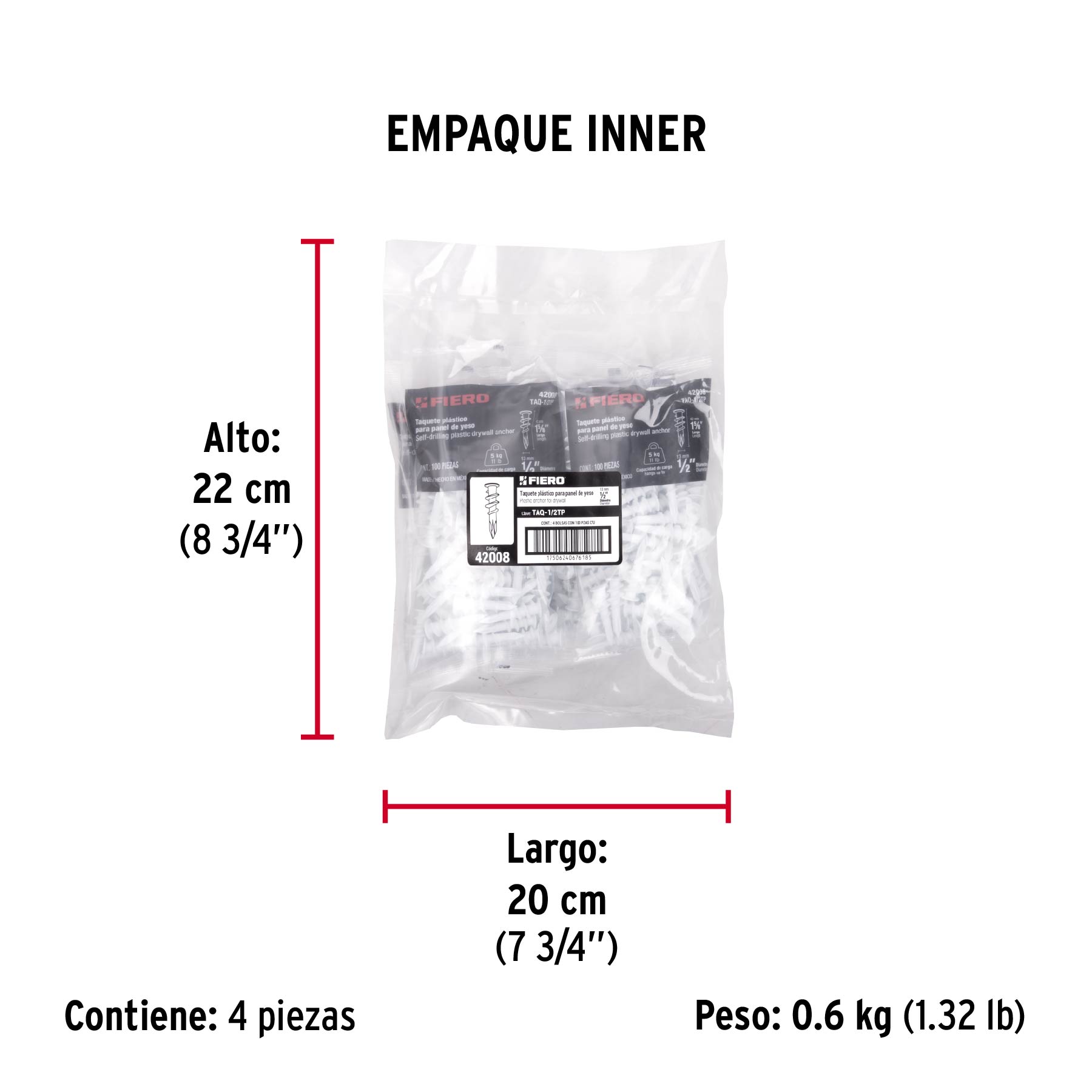 Bolsa con 100 taquetes plásticos 1/2", para panel de yeso - Empaque