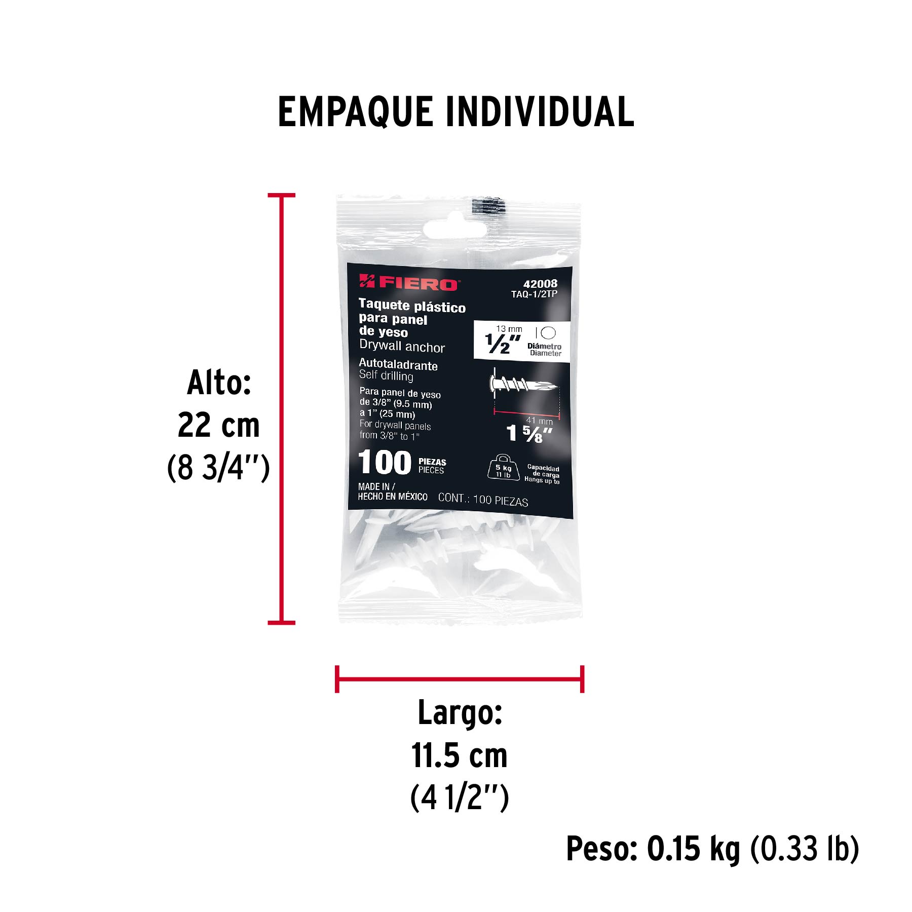 Bolsa con 100 taquetes plásticos 1/2", para panel de yeso - Empaque