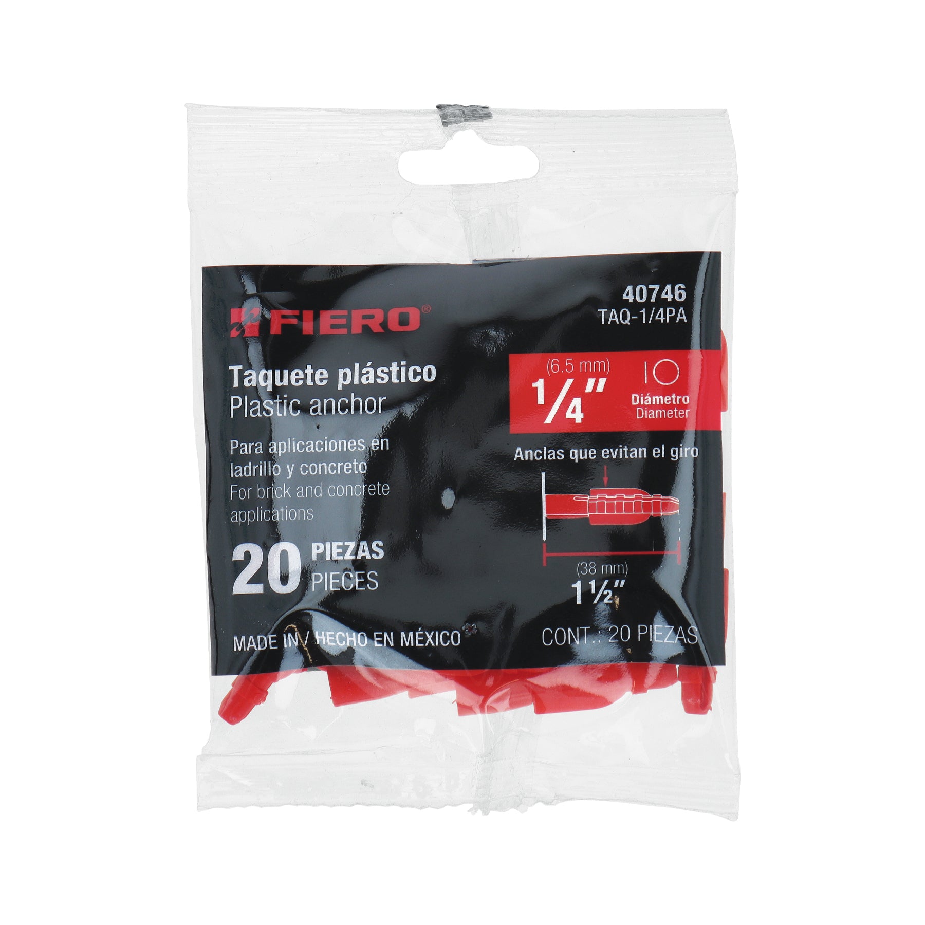 Bolsa con 20 taquetes de plástico 1/4", FIERO