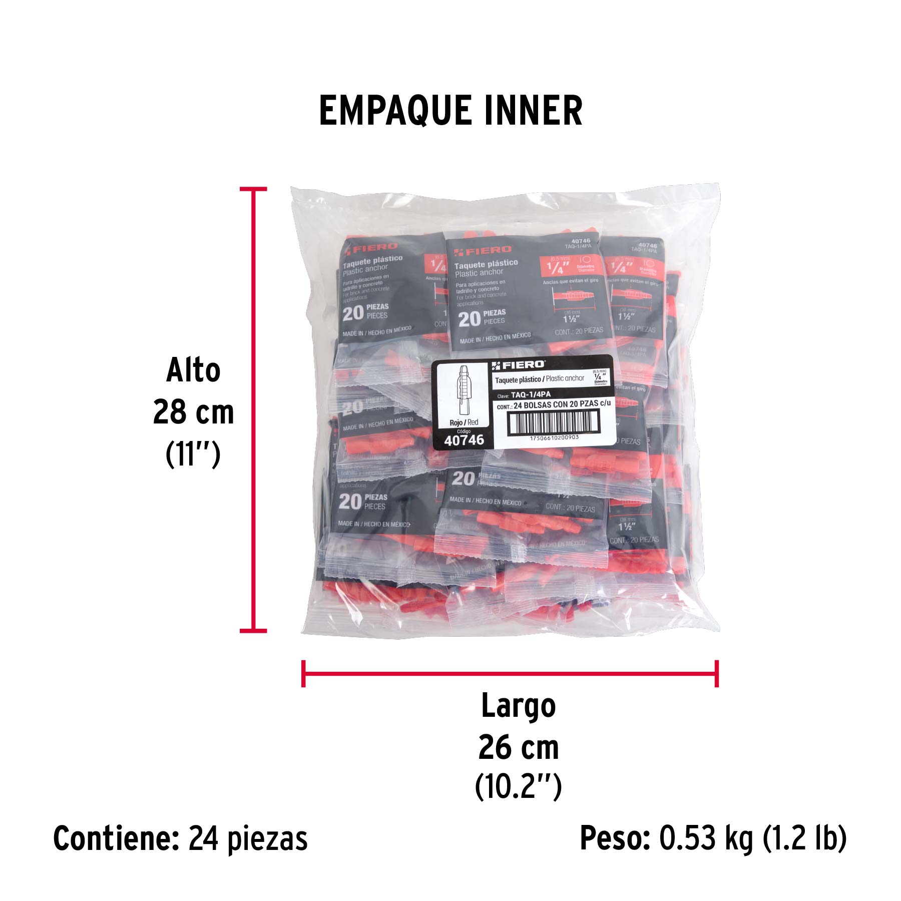 Bolsa con 20 taquetes de plástico 1/4", FIERO - Empaque