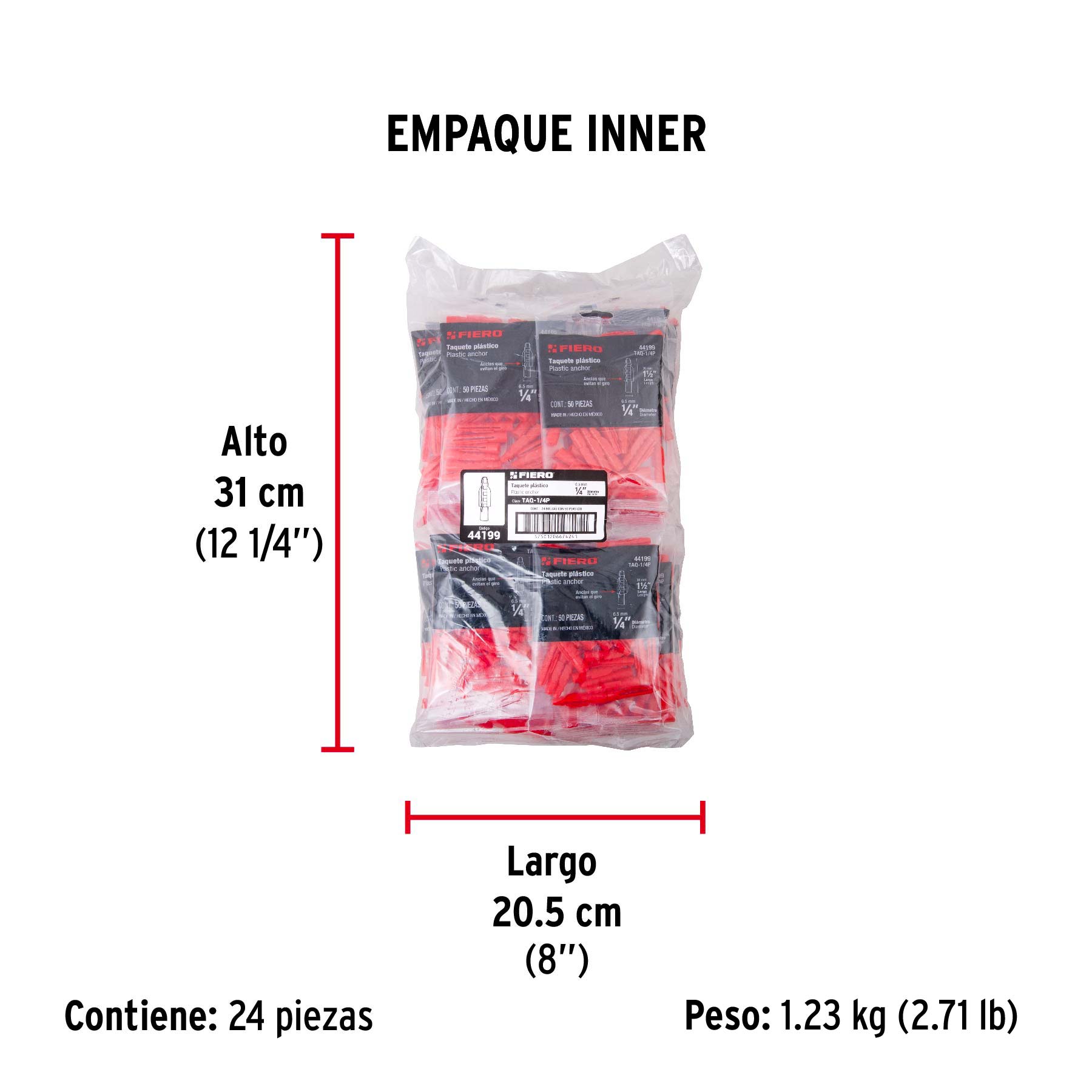 Bolsa con 50 taquetes de plástico 1/4", FIERO - Empaque