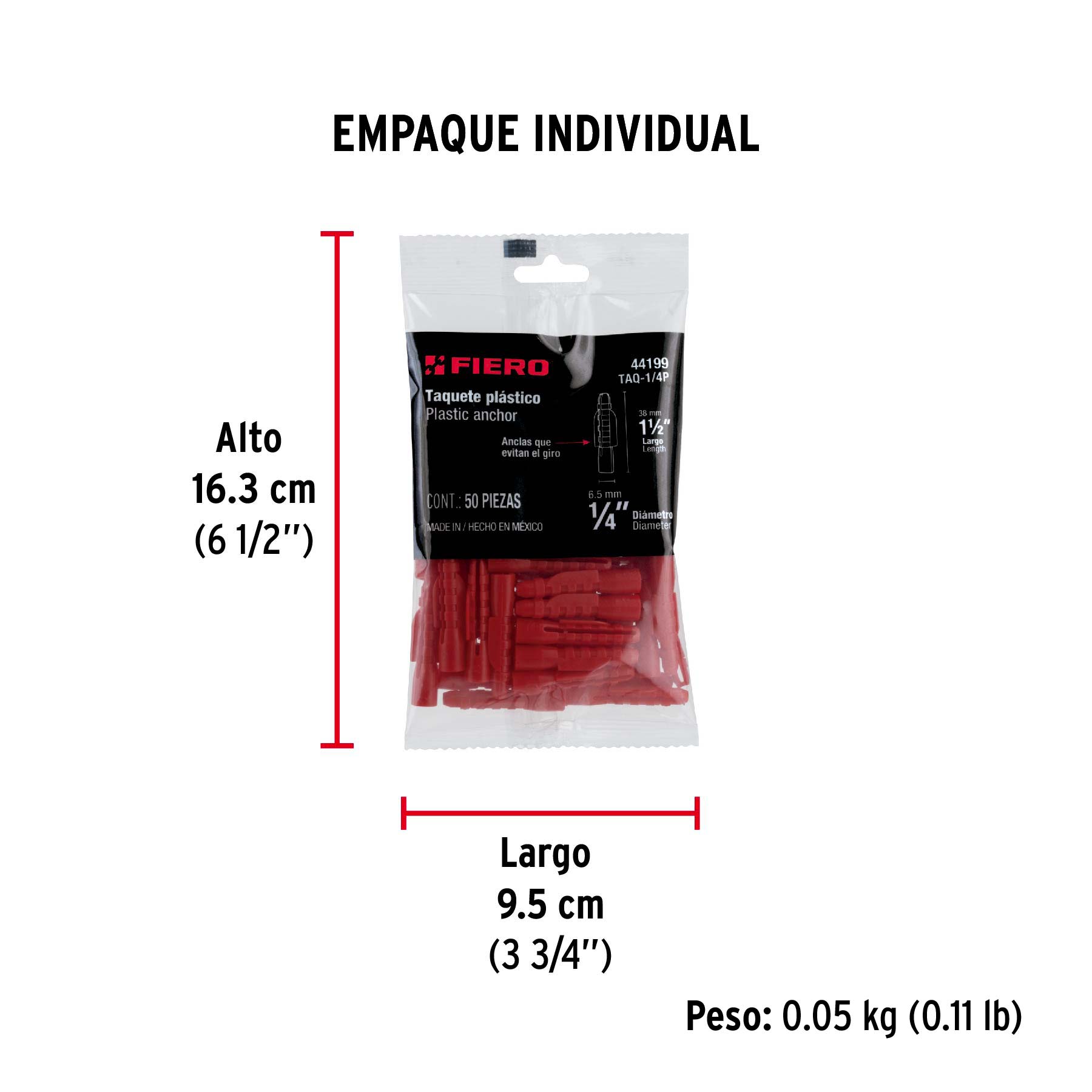 Bolsa con 50 taquetes de plástico 1/4", FIERO - Empaque