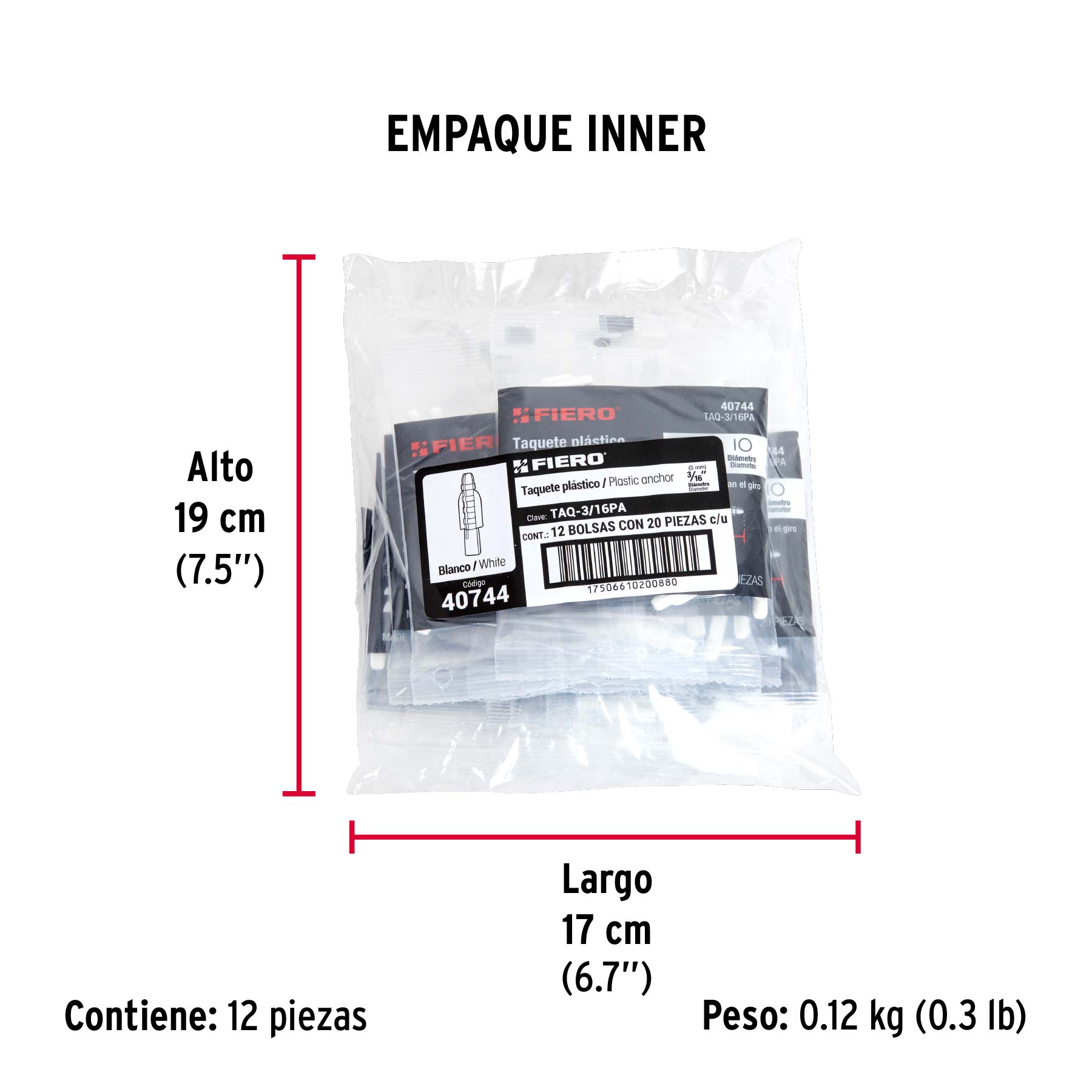 Bolsa con 20 taquetes de plástico 3/16", FIERO - Empaque