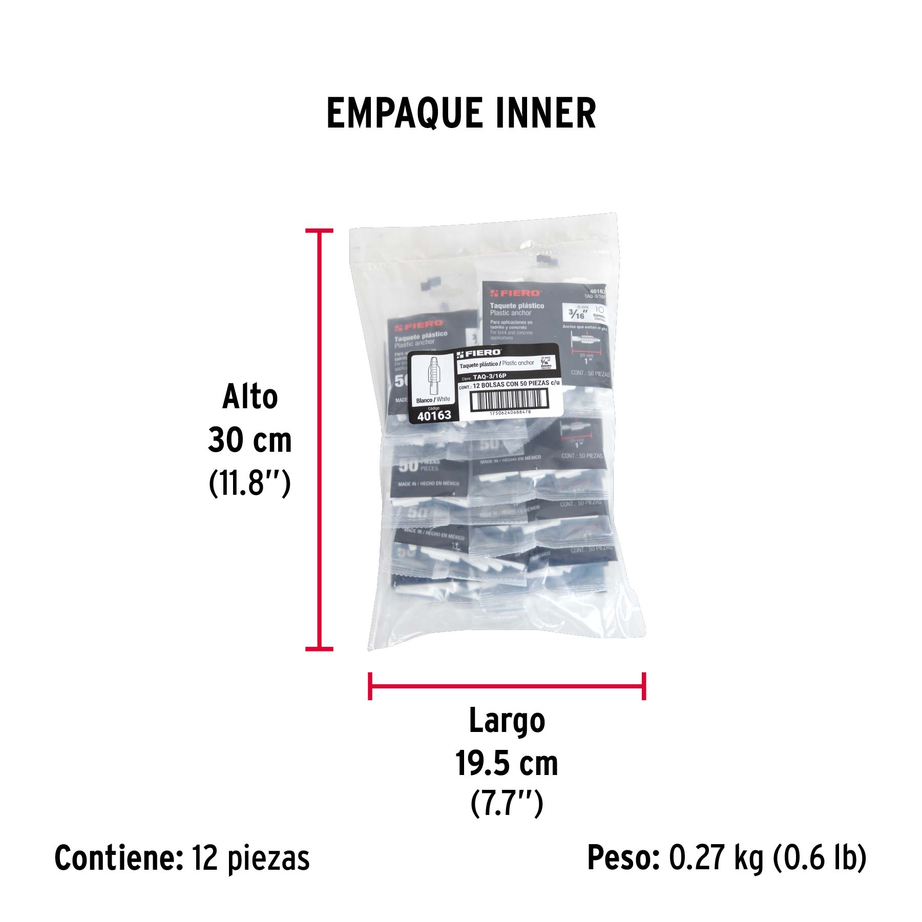 Bolsa con 50 taquetes de plástico 3/16", FIERO - Empaque
