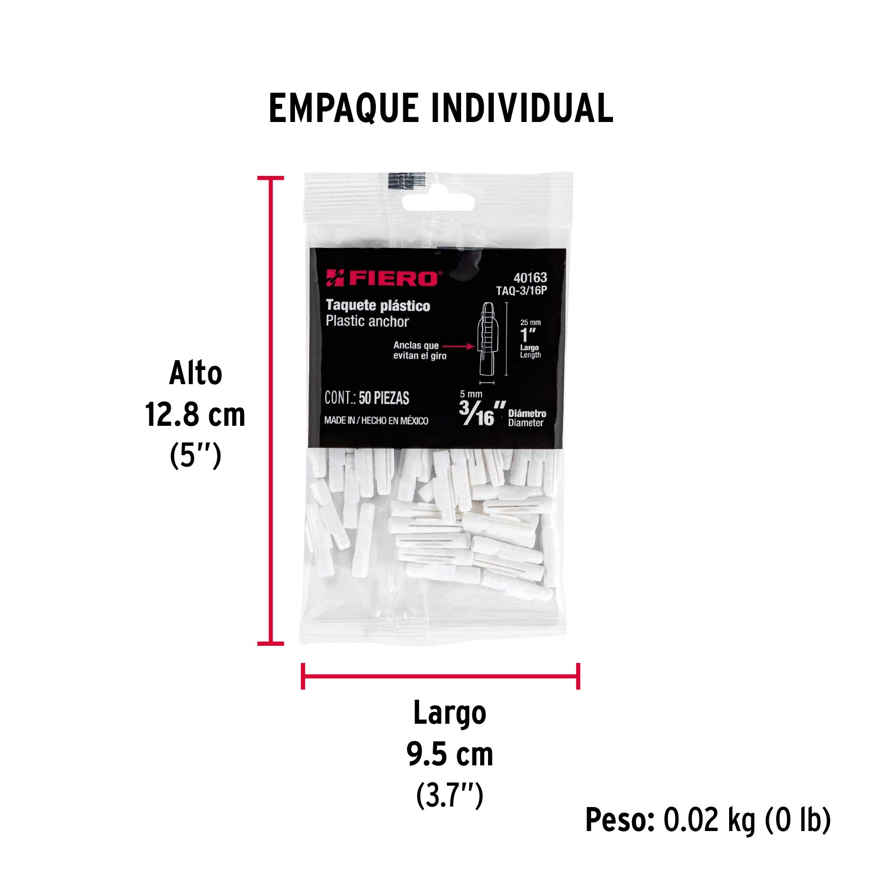 Bolsa con 50 taquetes de plástico 3/16", FIERO - Empaque