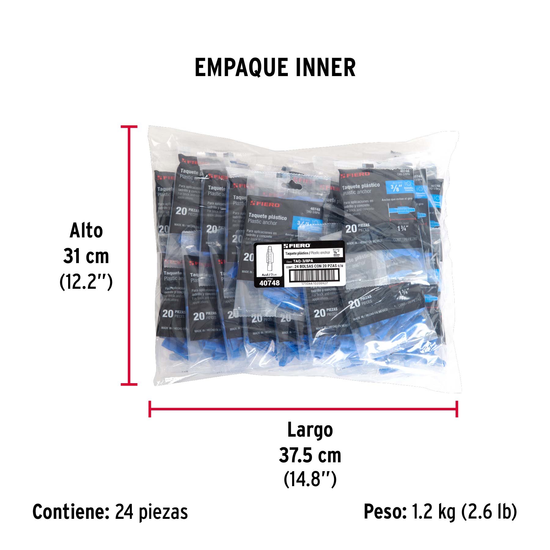Bolsa con 20 taquetes de plástico 3/8", FIERO - Empaque