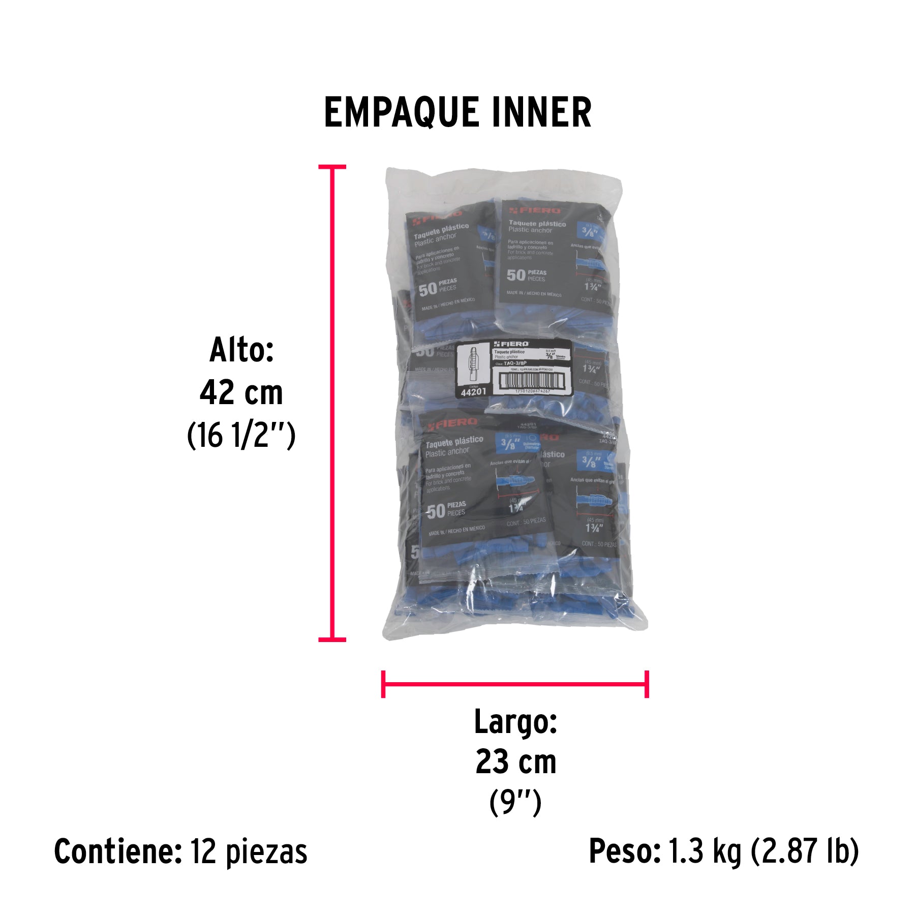 Bolsa con 50 taquetes de plástico 3/8", FIERO - Empaque