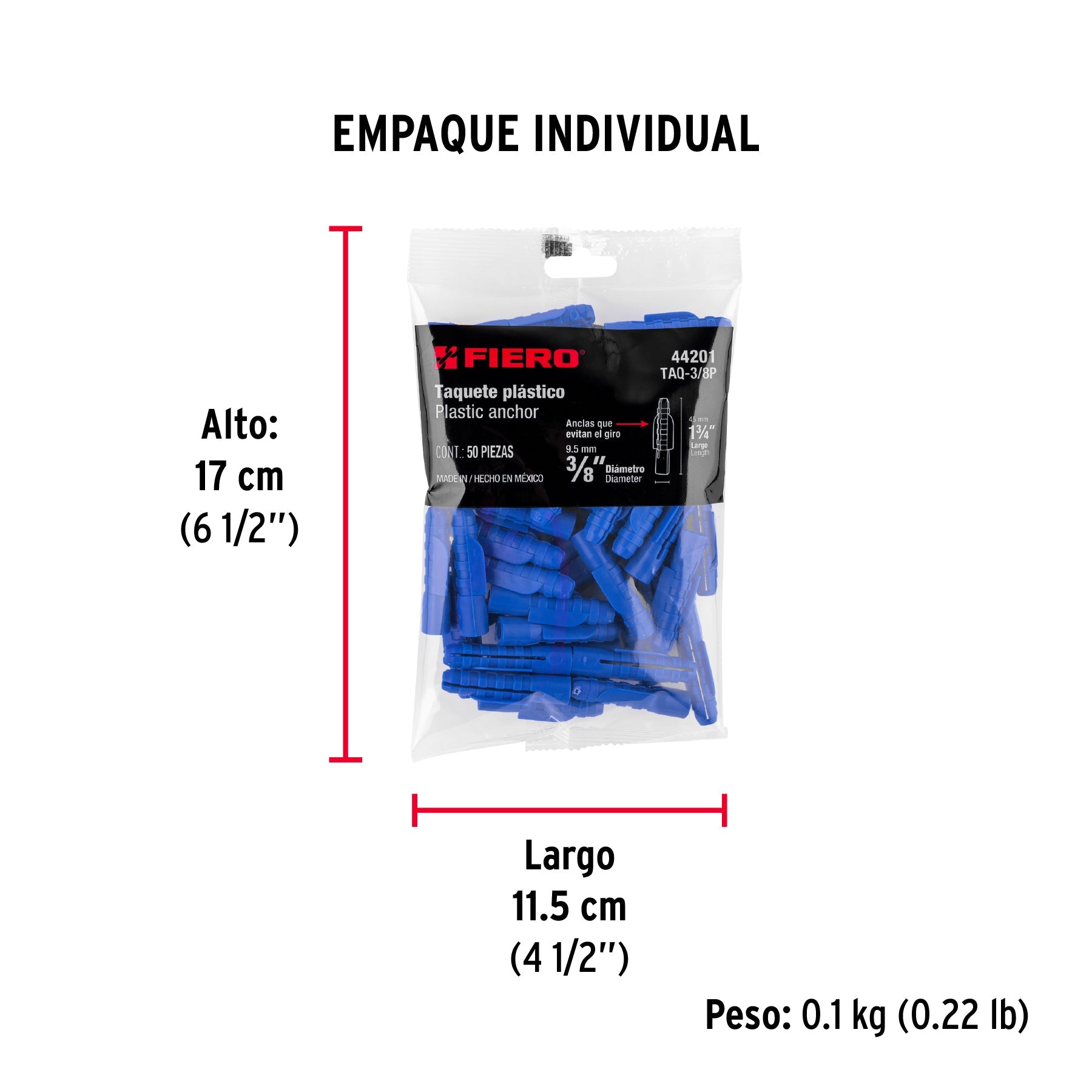 Bolsa con 50 taquetes de plástico 3/8", FIERO - Empaque