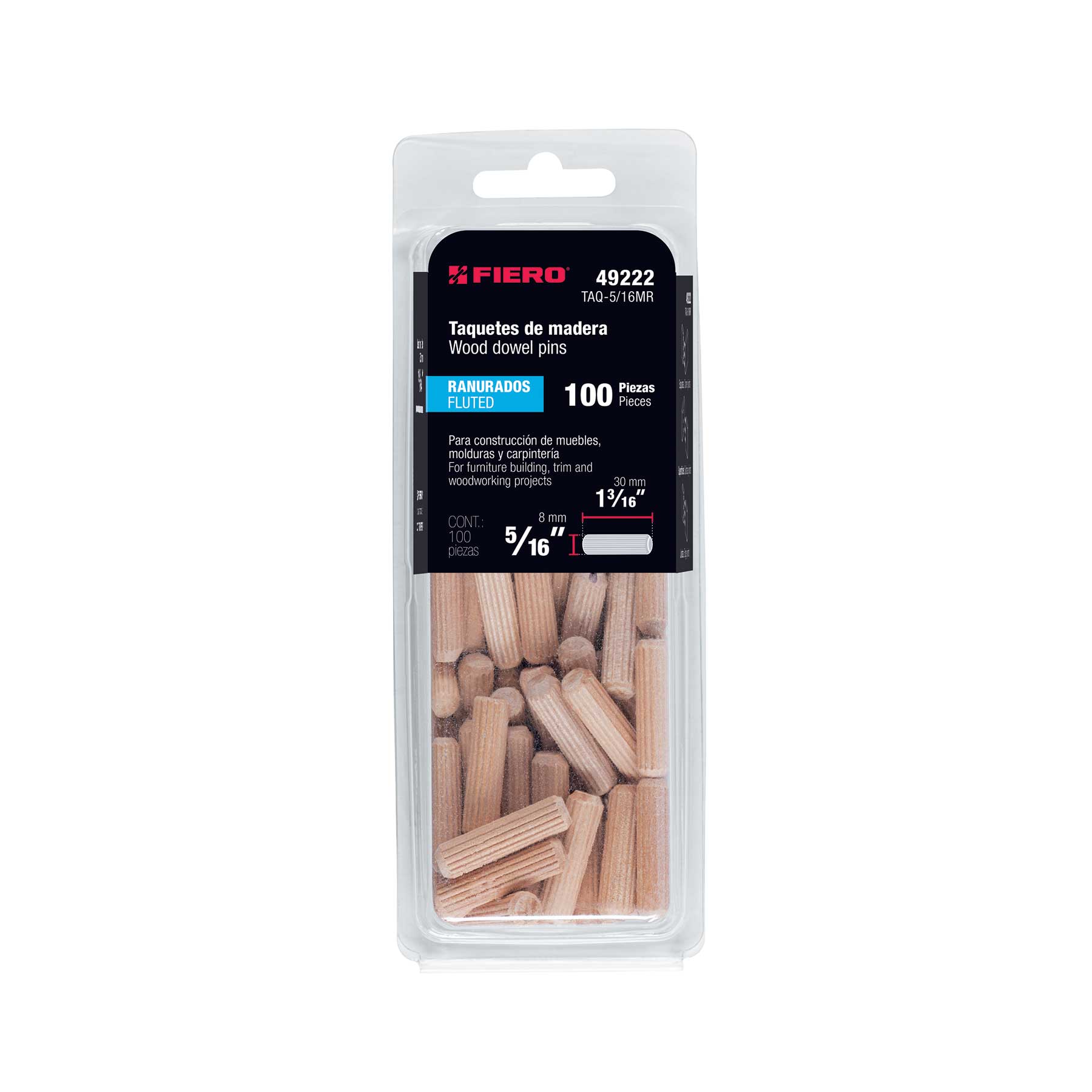 Blíster con 100 taquetes de madera ranurado 5/16", FIERO