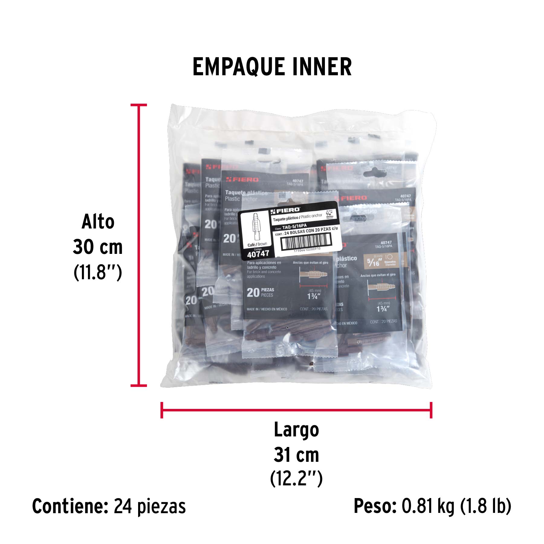 Bolsa con 20 taquetes de plástico 5/16", FIERO - Empaque
