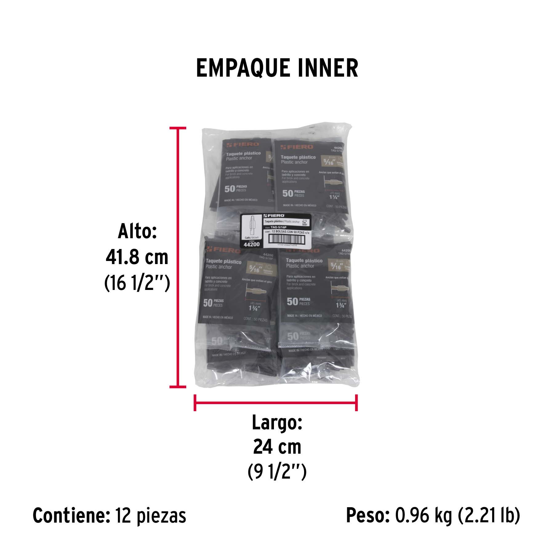 Bolsa con 50 taquetes de plástico 5/16", FIERO - Empaque